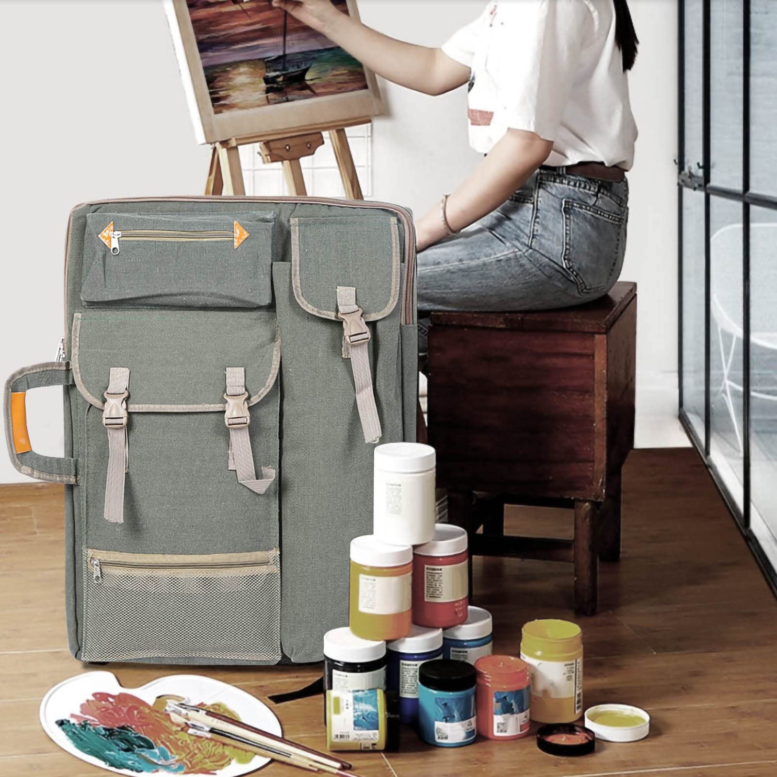 Grand Sac Art Croquis Plein air, Toile imperméable, Crayons, Poche Couleur, chevalet métal, Gris cendré