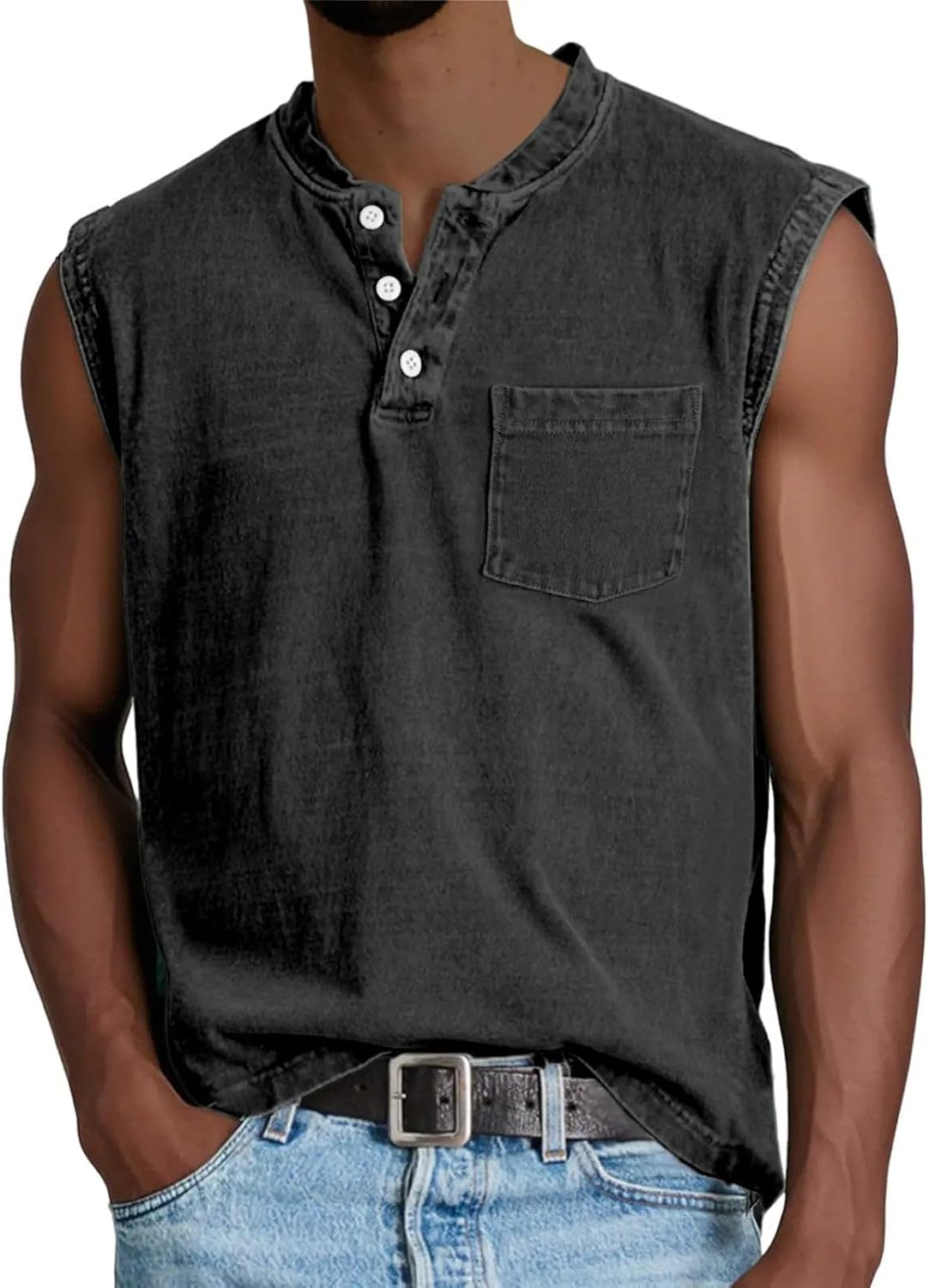 Kubsid Mens Tank Vintage Button Sleeveless Sports Henley Shirts Summer Cotton Casual Classic Solid Beach Tops with Pocket