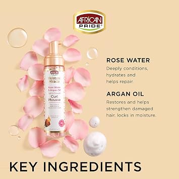 African Pride Moisture Miracle Rose Water & Argan Oil Curl Hair Mousse, Flexible Hold, Enhances Curls, Creates Wave Patterns, No Residue, Deep Moisture, Adds Shine, Strengthens & Protects Hair, 8.5 oz