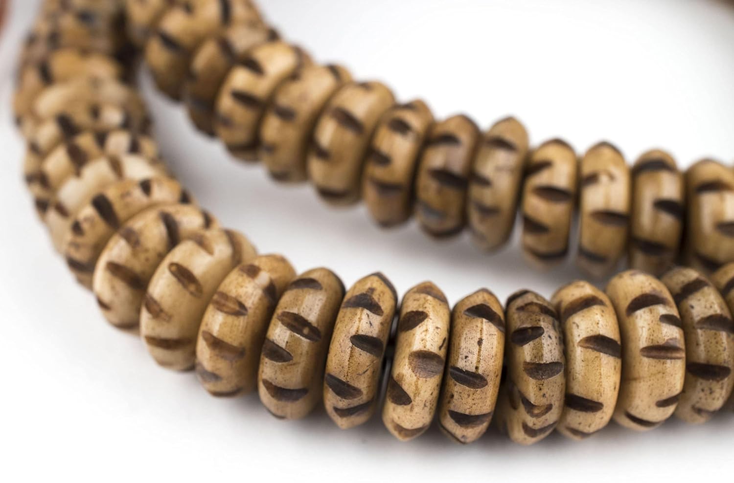 The Bead Chest Brown Carved Disk Bone Mala Beads 14mm Nepal Large Hole 16-19 Inch Strand