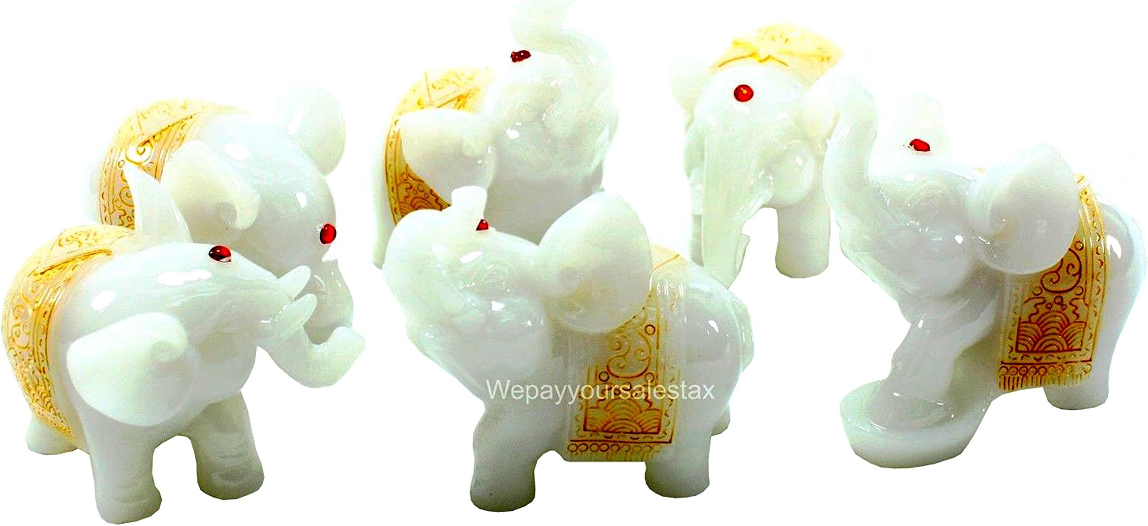 USAMJTABLE Feng Shui Set of 6 Jade Elephant Statues Wealth Lucky Figurines Home Decor Housewarming Congratulatory Gift (White)