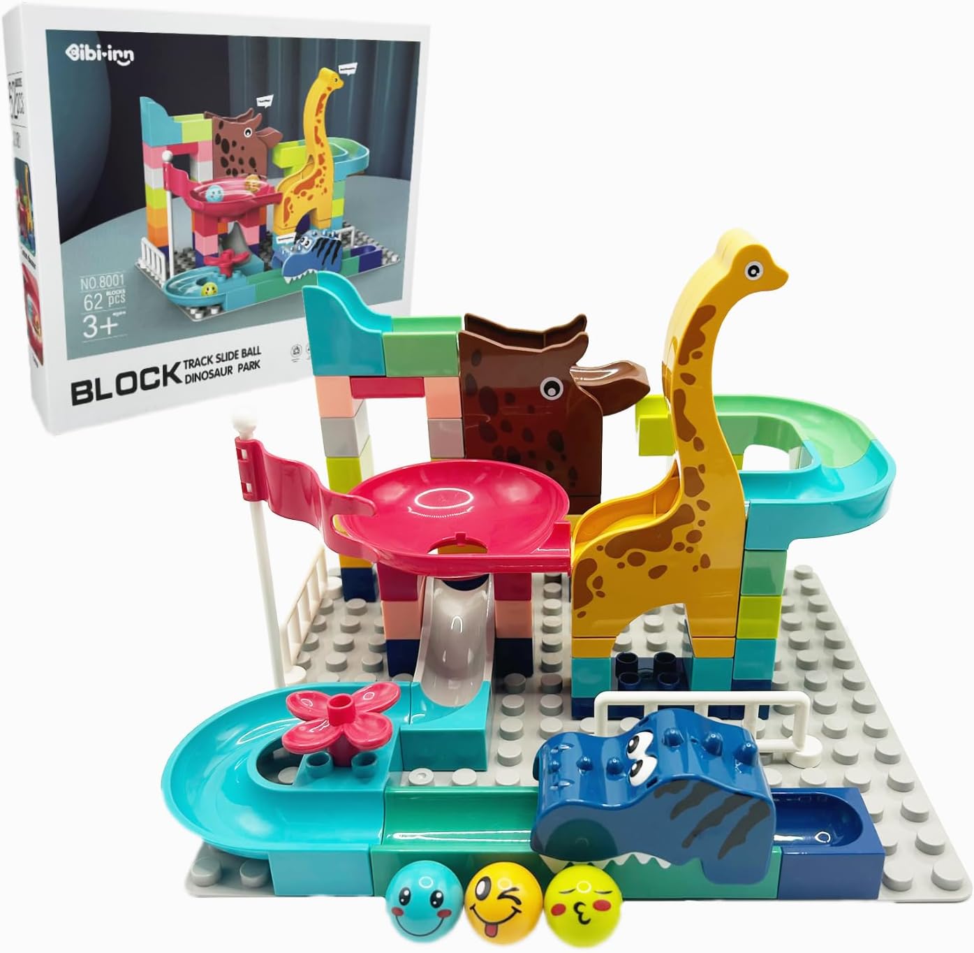 62pcs marble run classic big blocks toys set, stem educational construction toy with dinosaur and giraffe theme, of stem educational toys for kids age 3+