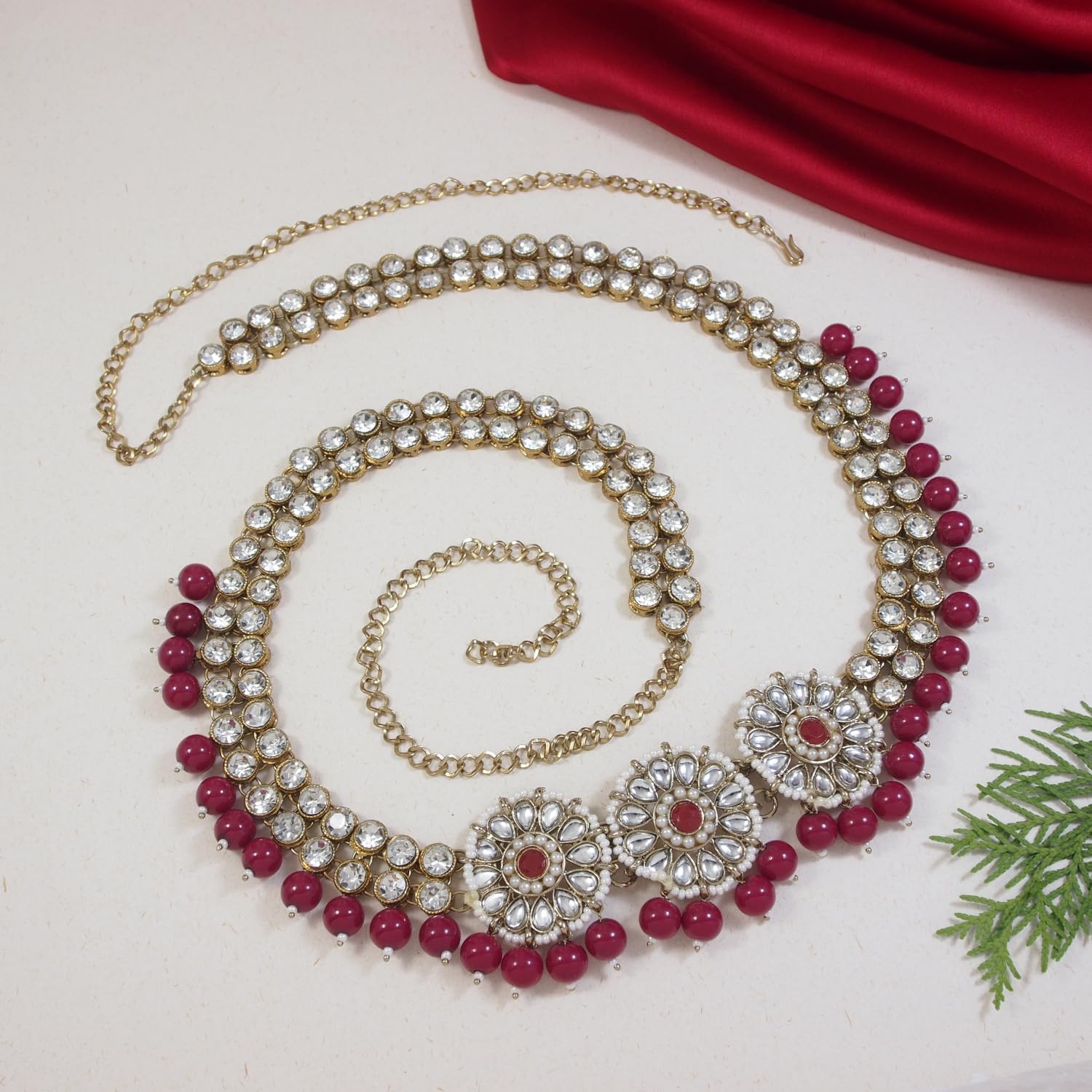 I Jewels Gold Plated Indian Wedding Bollywood Floral Kundan & Pearl Studded Adjustable Kamarband/Belly Chain For Women/(B033-35)