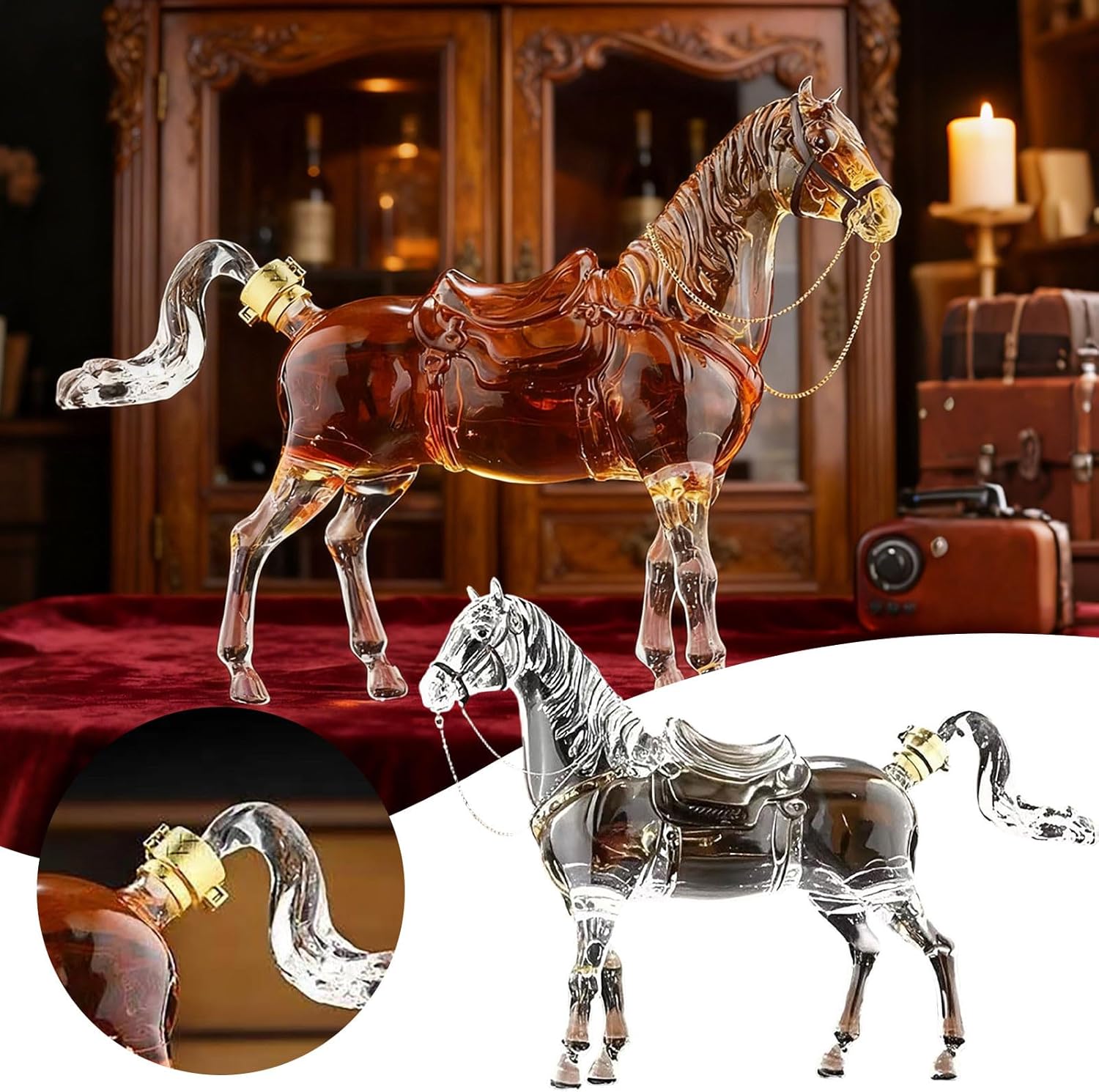 Whiskey Decanter Set, 1000ml Snake Tiger Horse Animal Wine Decanter for Men, Husbands & Bourbon Lovers, Personalized Glass Liquor Dispenser for Bourbon Whiskey Scotch Rum Tequila (Horse)