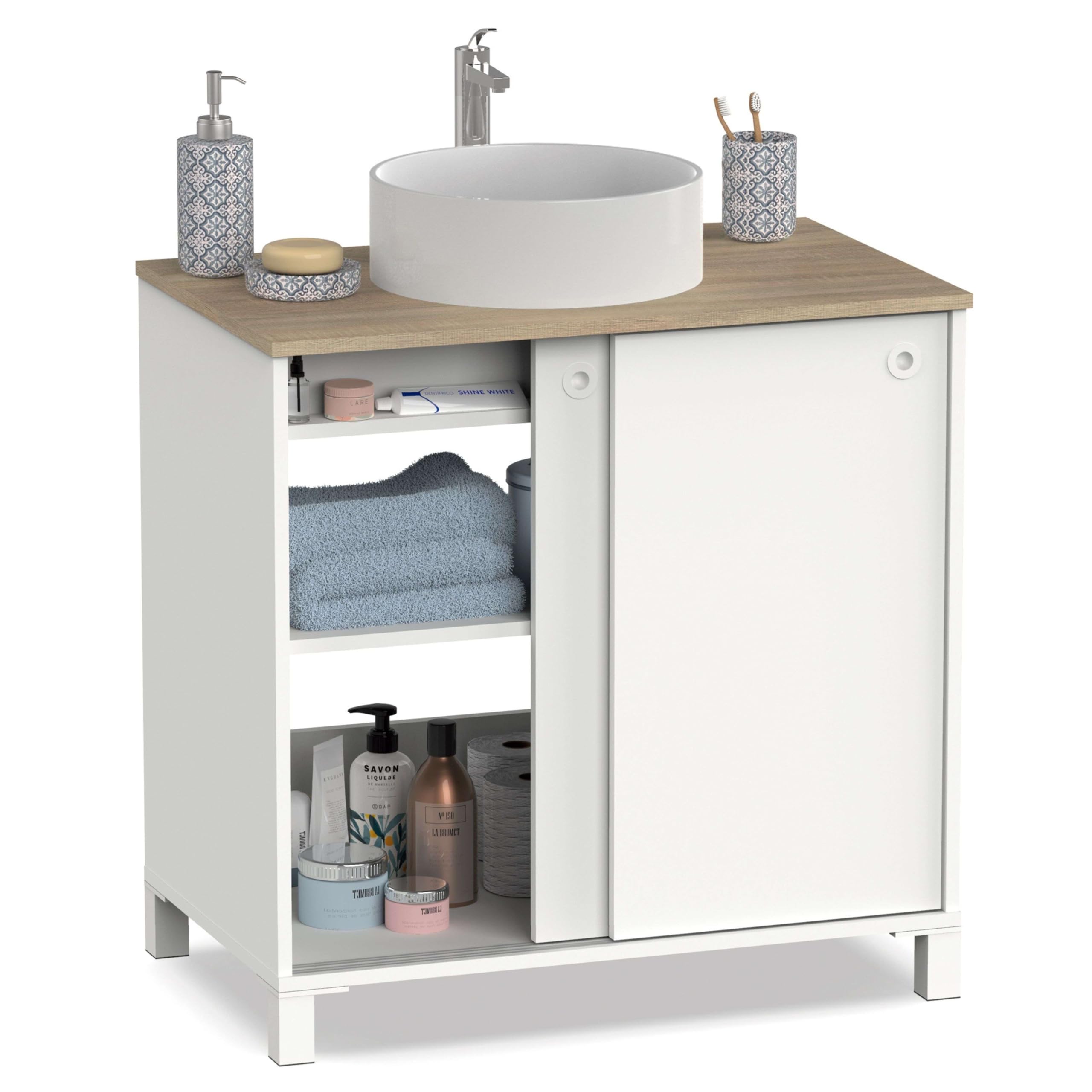 Muebles PITARCH - Mueble de baño Sella con Lavabo cerámico Lugares Estrechos de Espacio, 94x81x50 cm (Alto x Ancho x Profundo), Color Blanco y Roble Cambrian