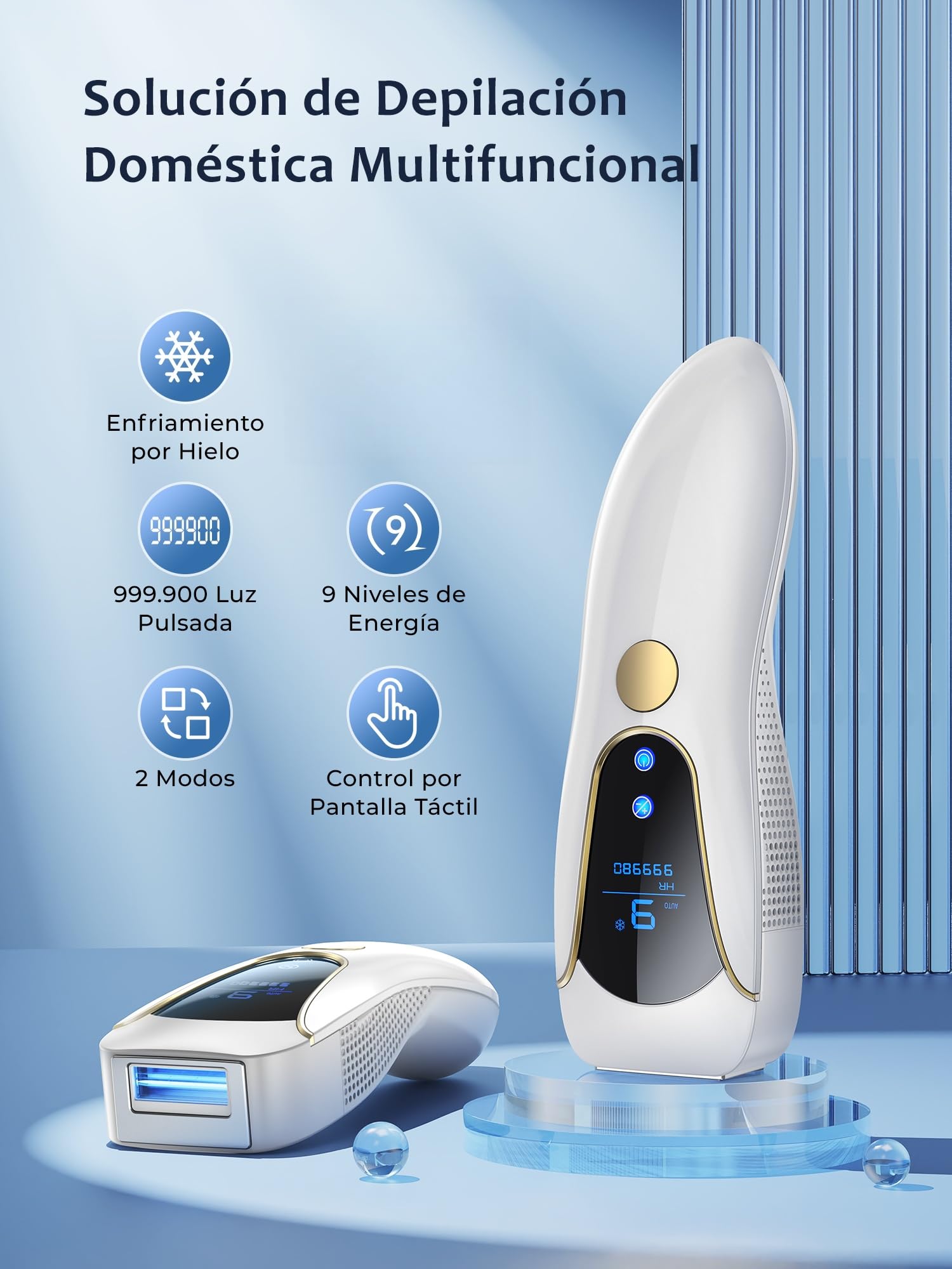 Depiladora Laser IPL con Función de Refrigeración, 19.35 J Depiladora Luz Pulsada con 9 Nivel de Energía, 2 Modos, 999.900 Luz Pulsada para Mujer y Hombre, Piernas, Bikini, Axilas, Cara, Cuerpo