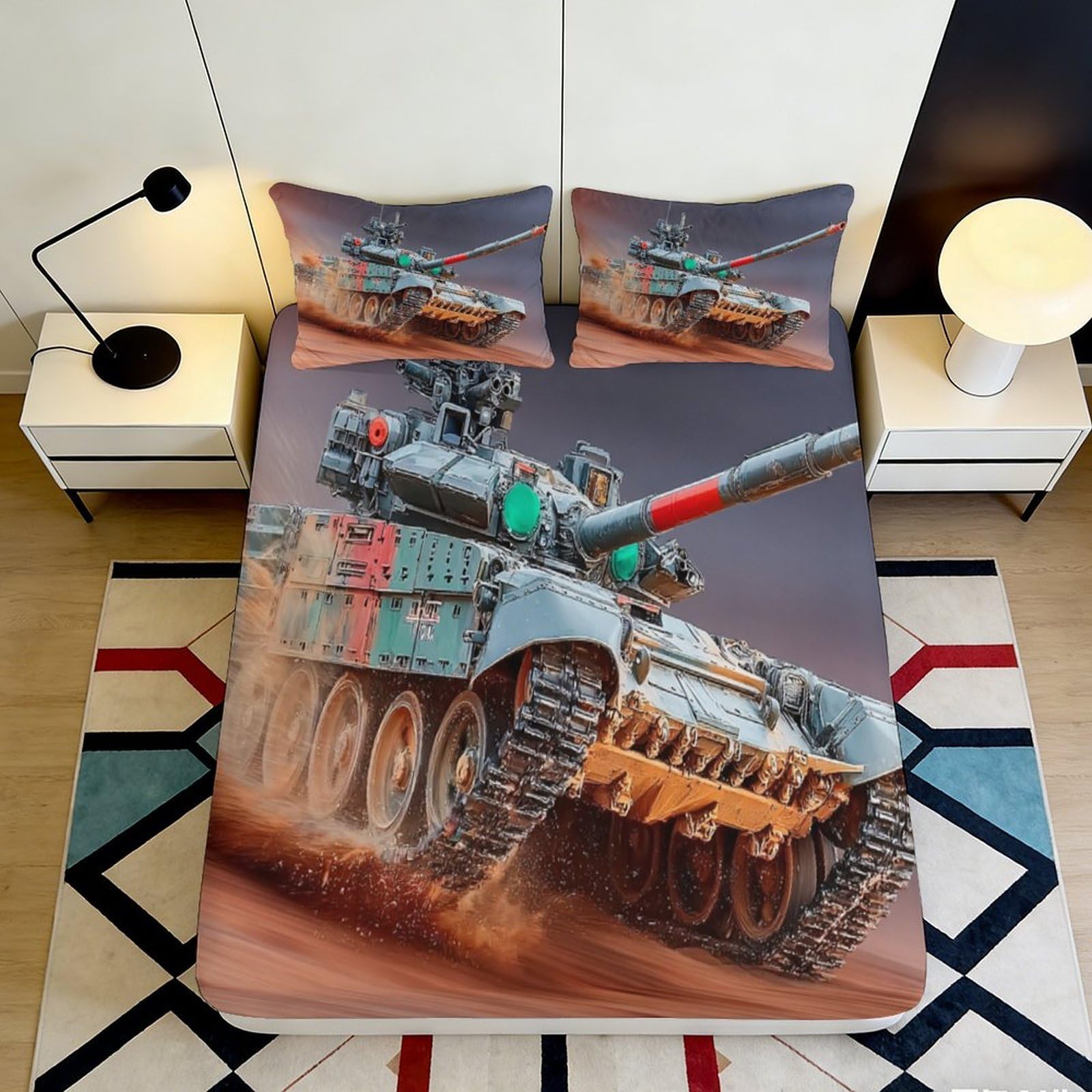 3D Printed Army Tank Fitted Sheet Microfiber Soft Breathable Camouflage Battle Bed Sheet for Bedroom Dorm Mattress Protection 90x200x25cm