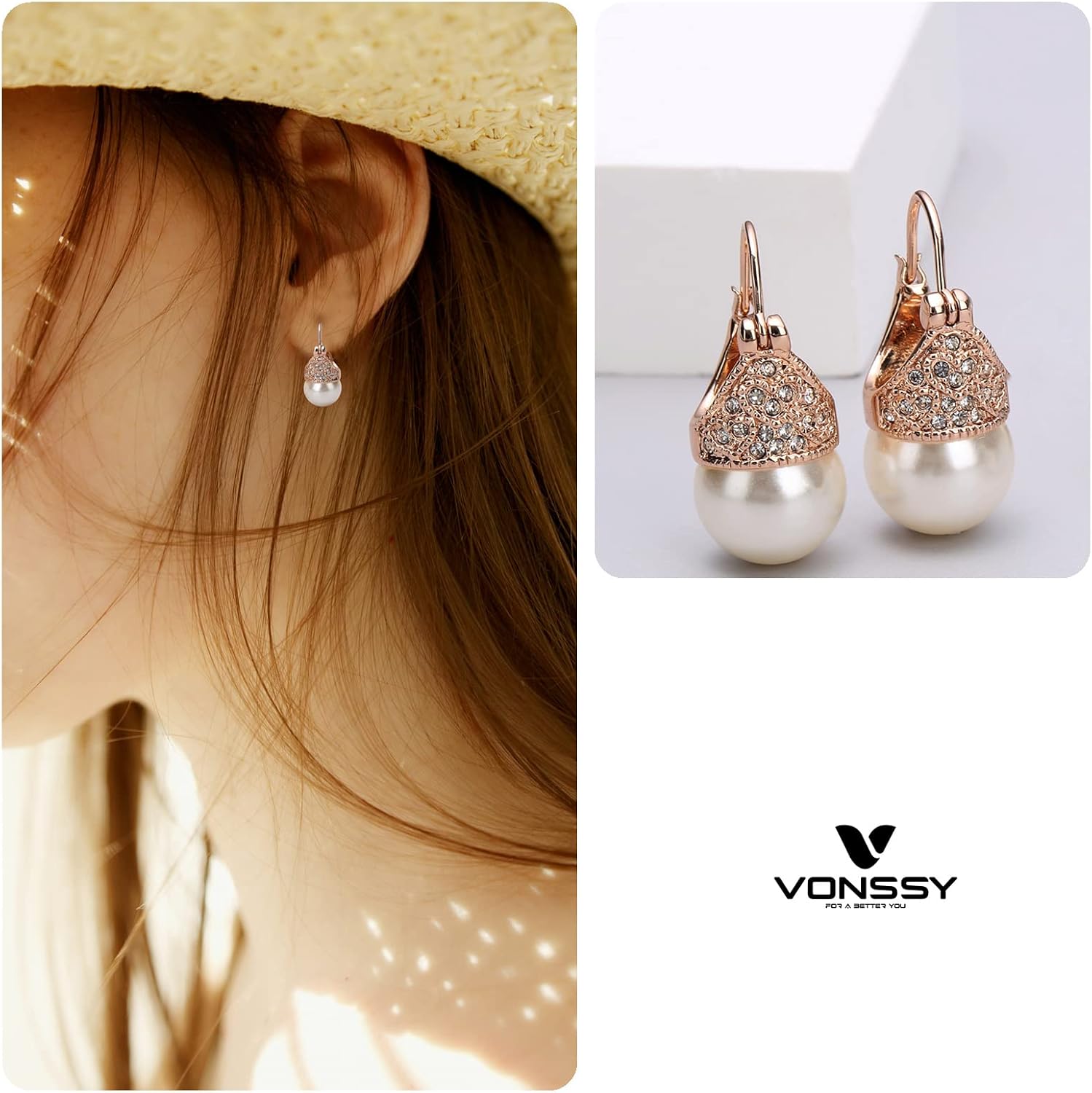 VONSSY Drop Dangle Pearl Earrings | Rose Gold Platinum Plated Silver Post Jewelry Gift for Mother Wife