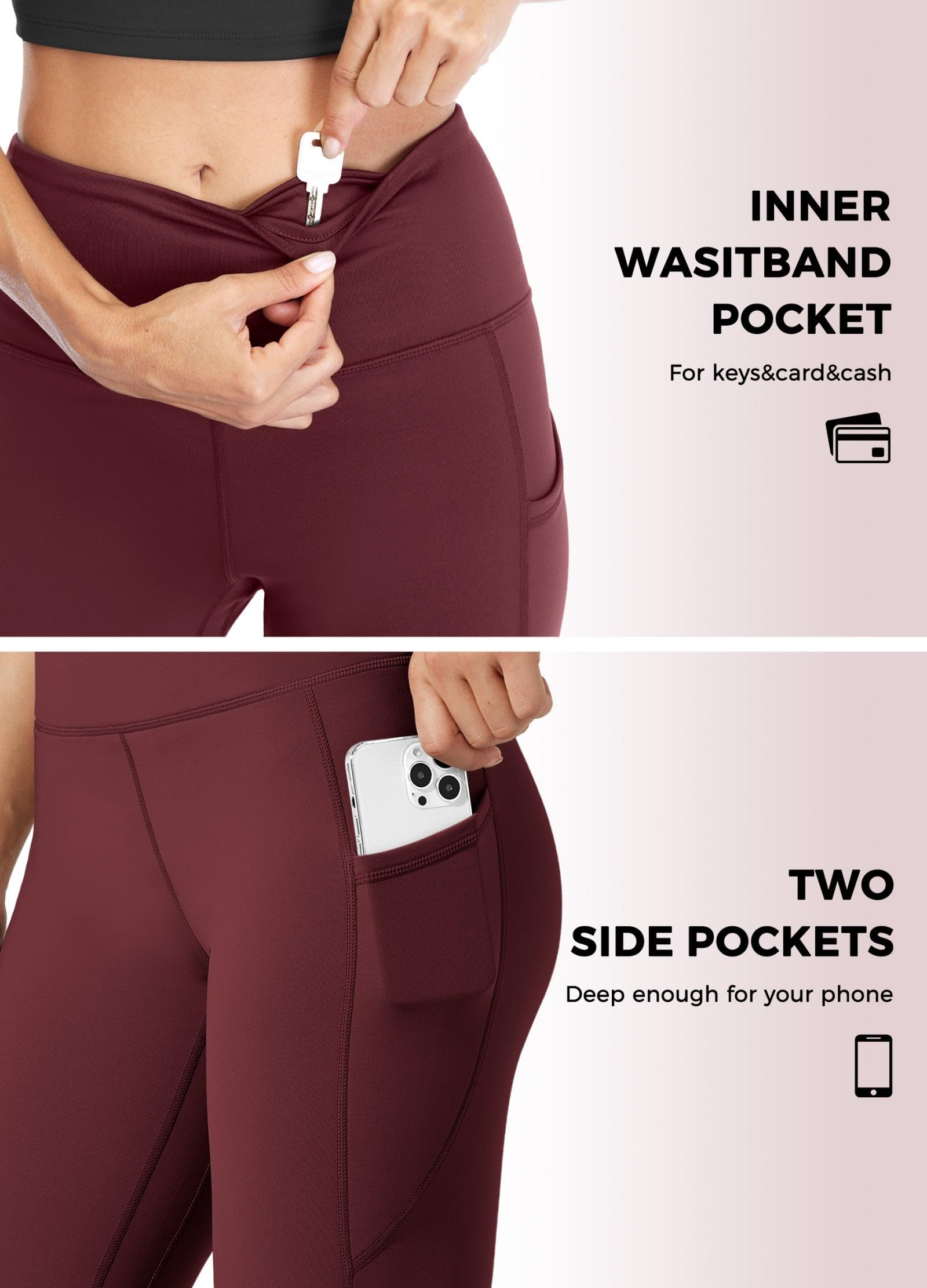 Willit Leggings de yoga pour femme avec doublure en polaire et doublure en polaire Taille haute avec poches Rouge vin Taille M