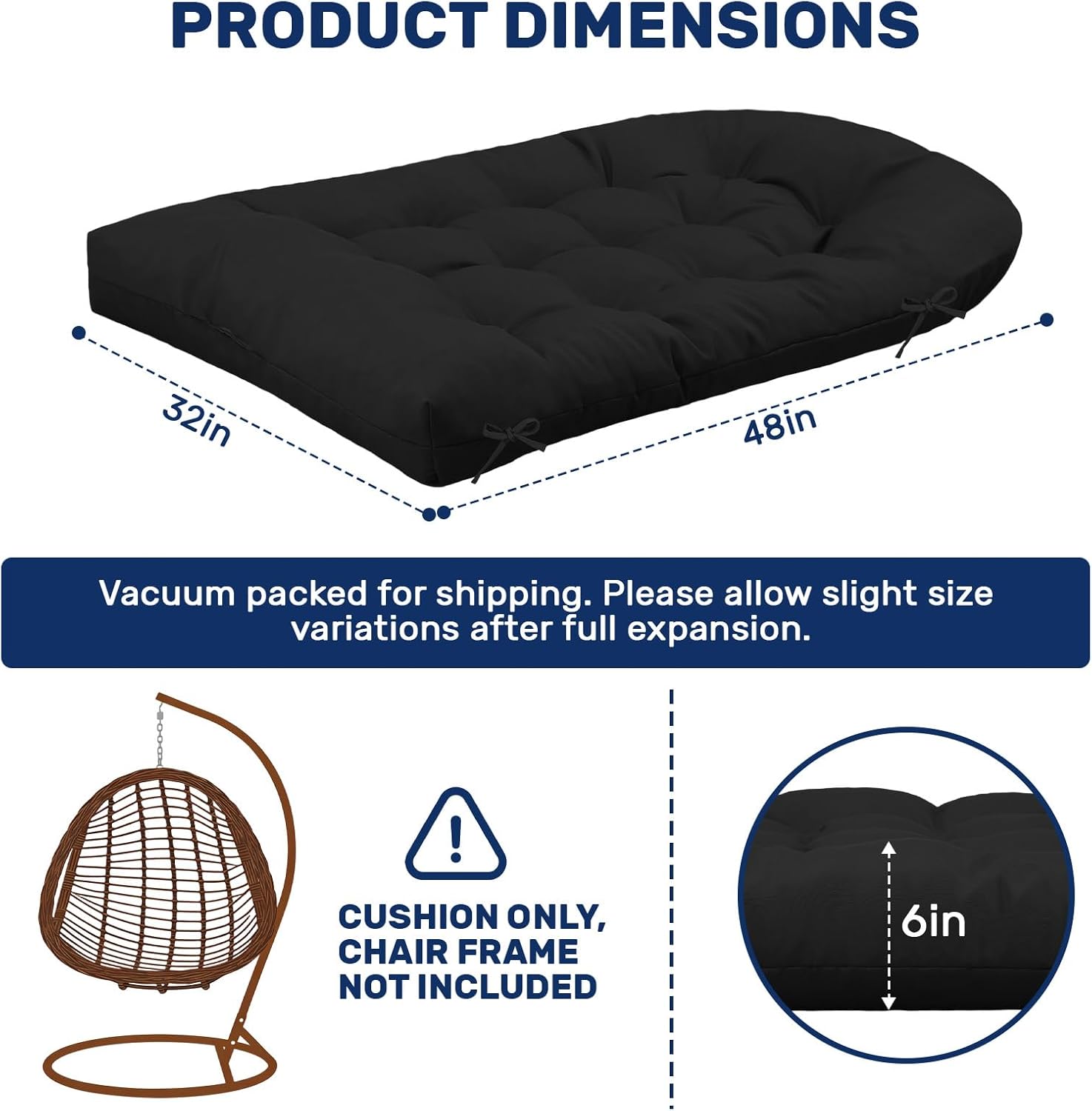idee-home Egg Chair Cushion Replacement, Hanging Chair Cushion Outdoor with Waterproof Cover, Wicker Hammock Swing Cushioned for Patio, Black（Without Chair）