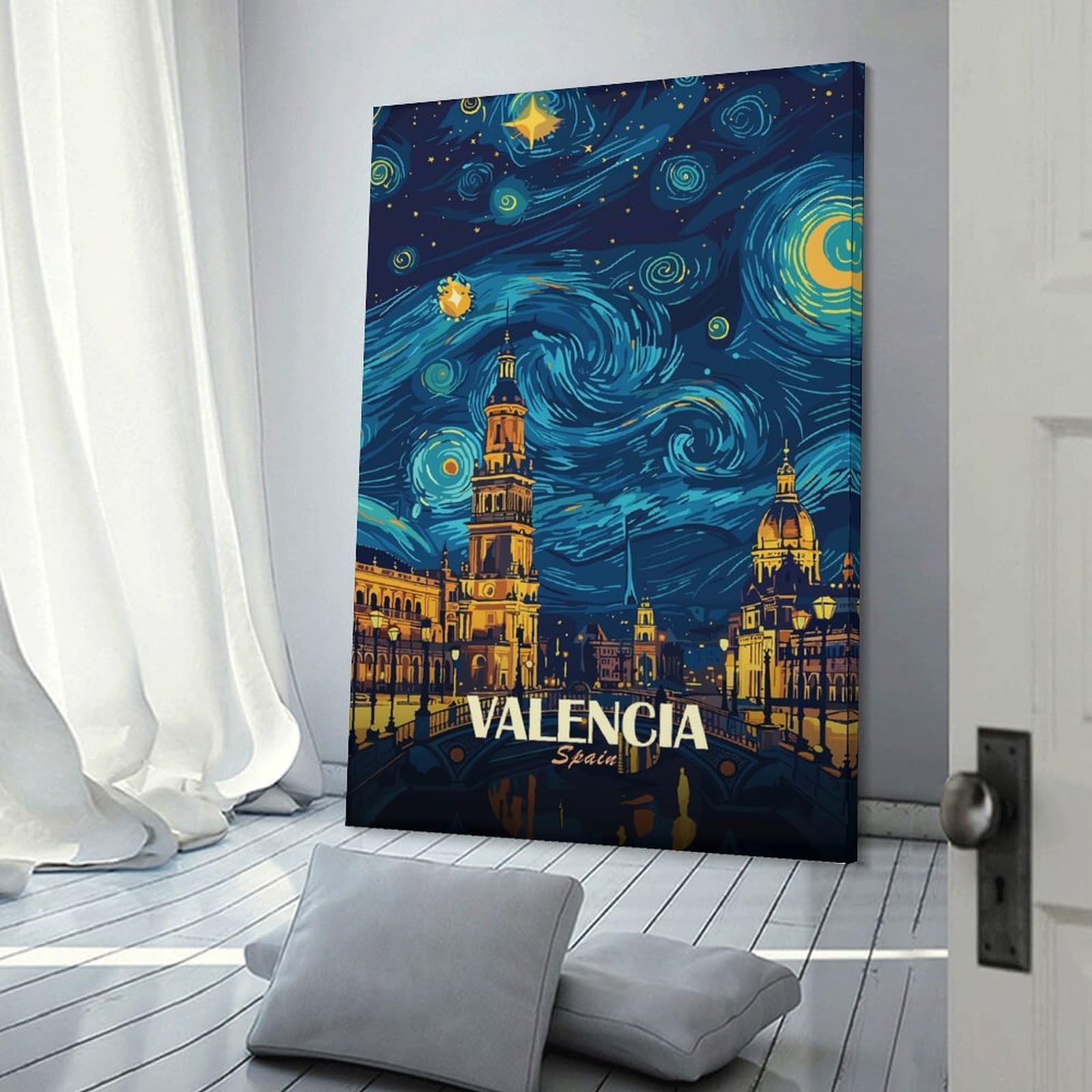 Junmoney Valencia Spain Starry Night Art Canvas Wall Decor, 24x36inch(60x90cm), for Bedroom, Guest Room Or Reading Nook, Canvas Wall Decor for Personal Spaces
