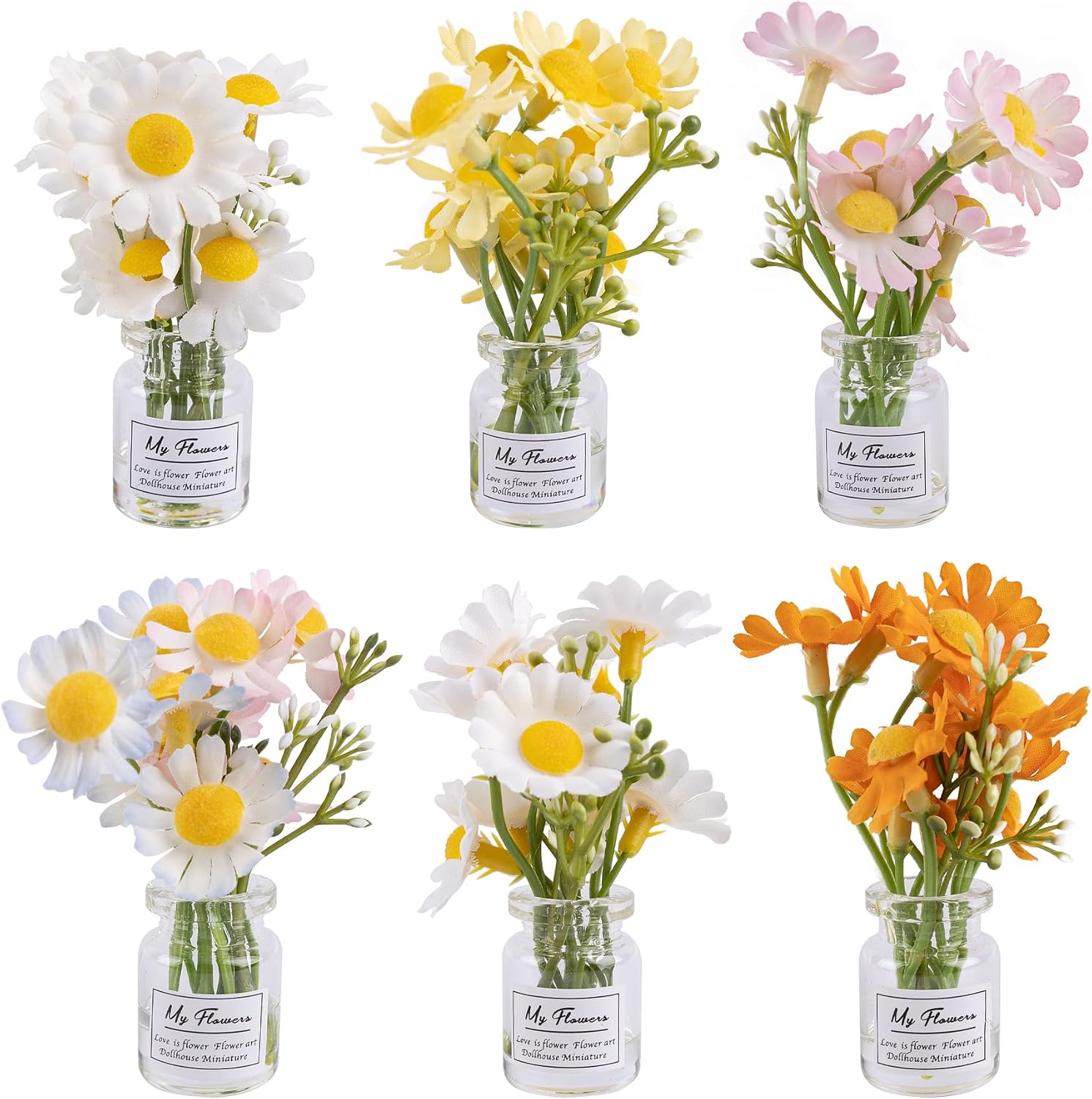 Framendino, 6 Pack Mini Daisy Flower Ornament Cute Artificial Miniature Flowers Glass Vase Decorations for Car Dashboard Interior Decor