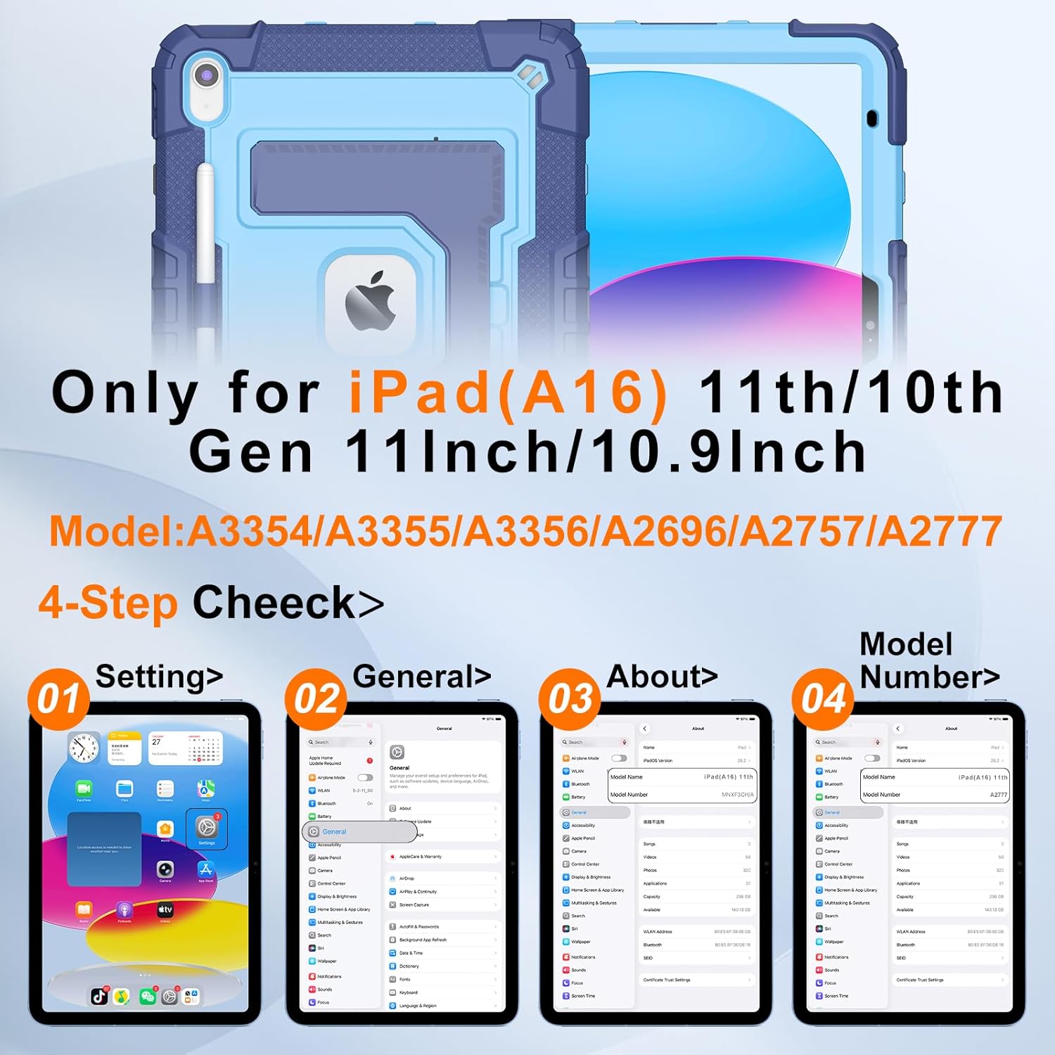 Case for iPad A16 11th/10th Generation 11/10.9 Inch 2025/2022, Auorld for ipad a16 case 11 in 2025 Military Grade Shockproof Cases with Kickstand Pencil Holder Shoulder Strap, Navy Blue
