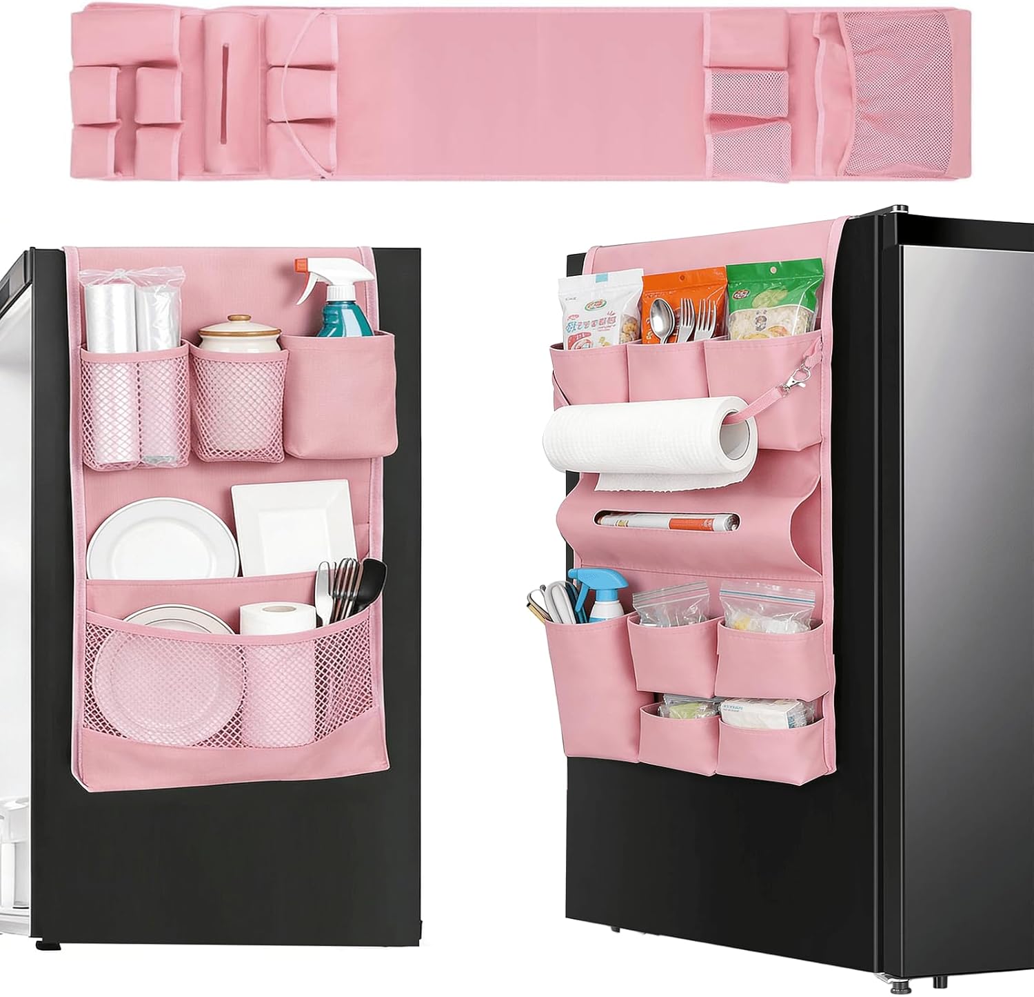 Mini Fridge Organizer Dust Cover with 14 Pockets, Space-Saving Dorm Essentials Hanging Caddy, Non-Slip Waterproof Refrigerator Storage Bag for Dorm Room, Office, Kitchen, Home – Pink