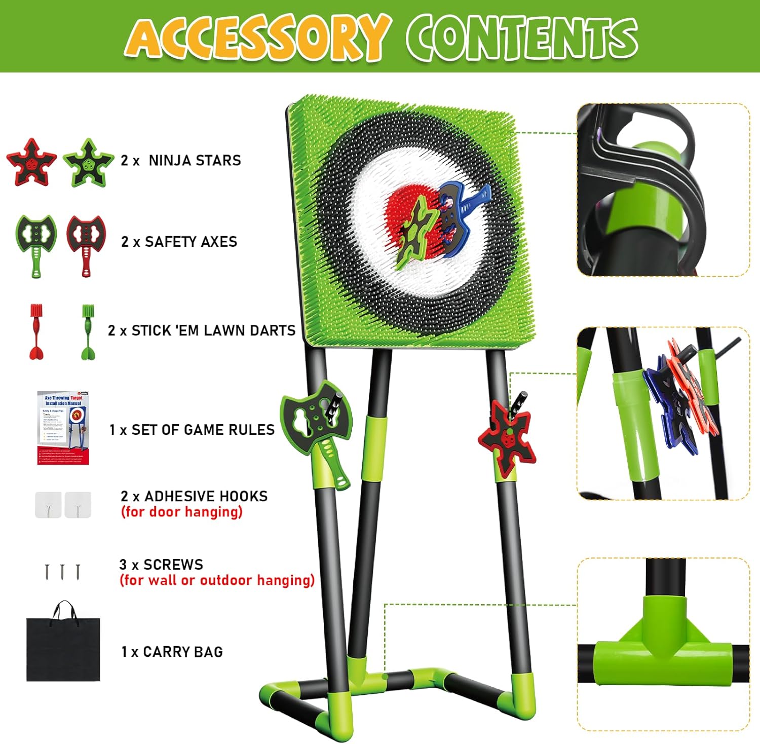 Axe Throwing Game for Backyard - Steel Frame Ax Throw Kit for Kids & Adults - Bristle Target with 6 Throwing Axes Set & Travel Bag - Outdoor/Indoor for Kids & Families Yard Carnival Games