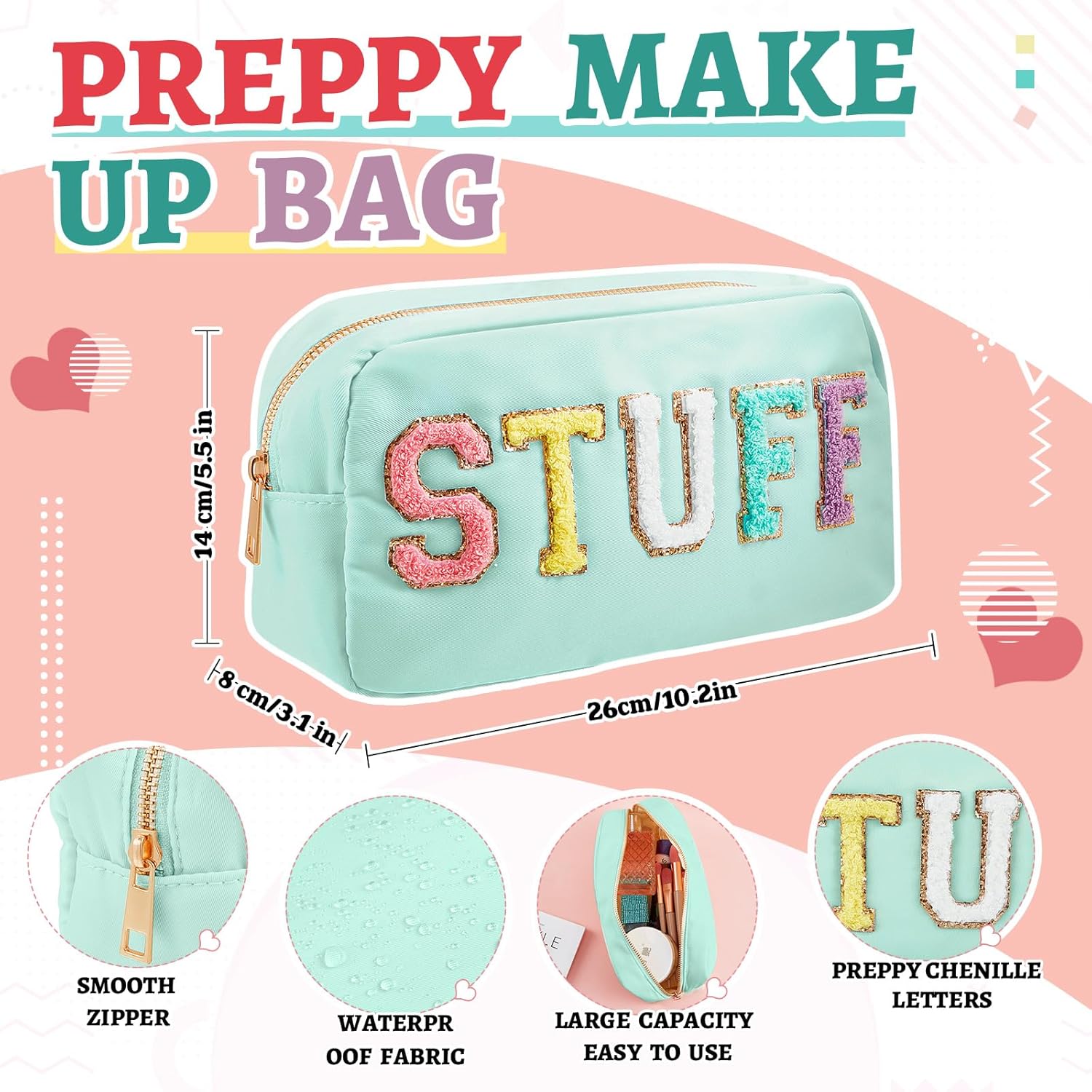 Shinylin 2 Pcs Travel Preppy Duffle Bag and Chenille Letter Makeup Pouch Cosmetic Zipper Patch Weekender Carry on Tote Bag for Women(Mint Green)