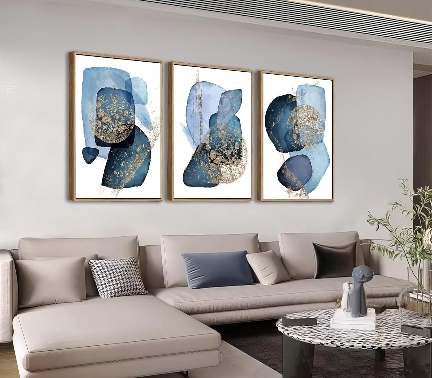 Shoci Large Framed Abstract Blue and Navy Color Blocks on White Canvas Wall Art Modern Gold Botanical Picture Print Natural Float Framed Dark Blue Decor for Living Room Bedroom 16X24 Inch Set of 3