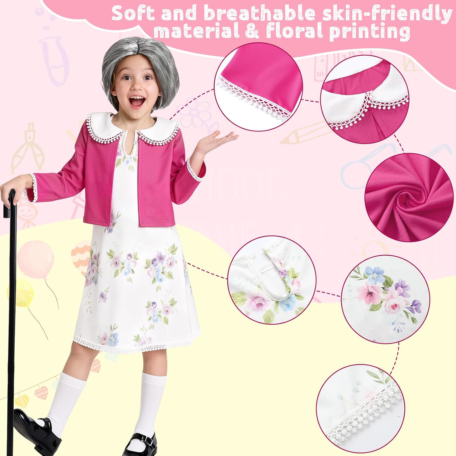 Latocos Girls Old Lady Costume Kids 100 Days of School Costume 100th Day of School Granny Grandma Cardigan Dress Up Set image 5