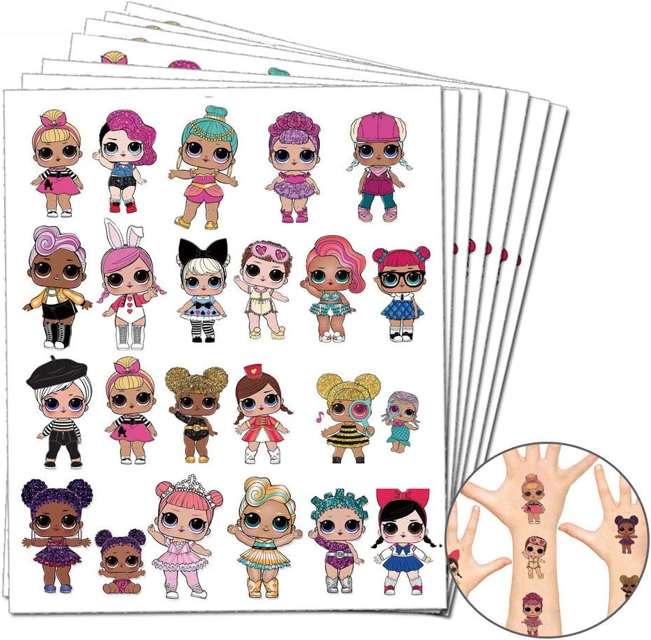 Party Favors Gifts for Kids, LOL Temporary Tattoos for Doll Birthday Party Decorations supplies for Kids Girl (5 Sheets, more than 100 styles)