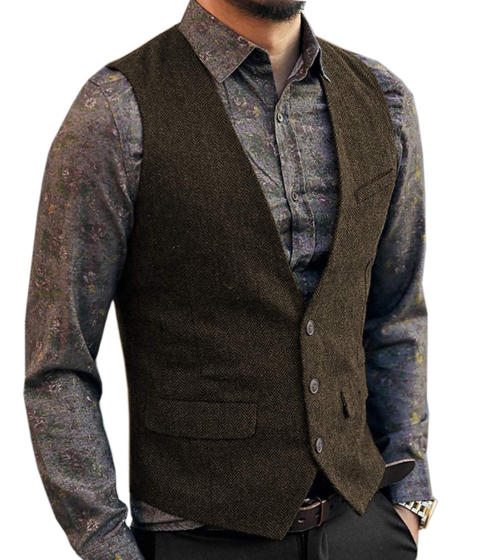 AeoTeokey Men's Tweed Vintage Suit Vest Casual Herringbone Wool Wedding Groomsmen Waistcoat(S,Coffee)