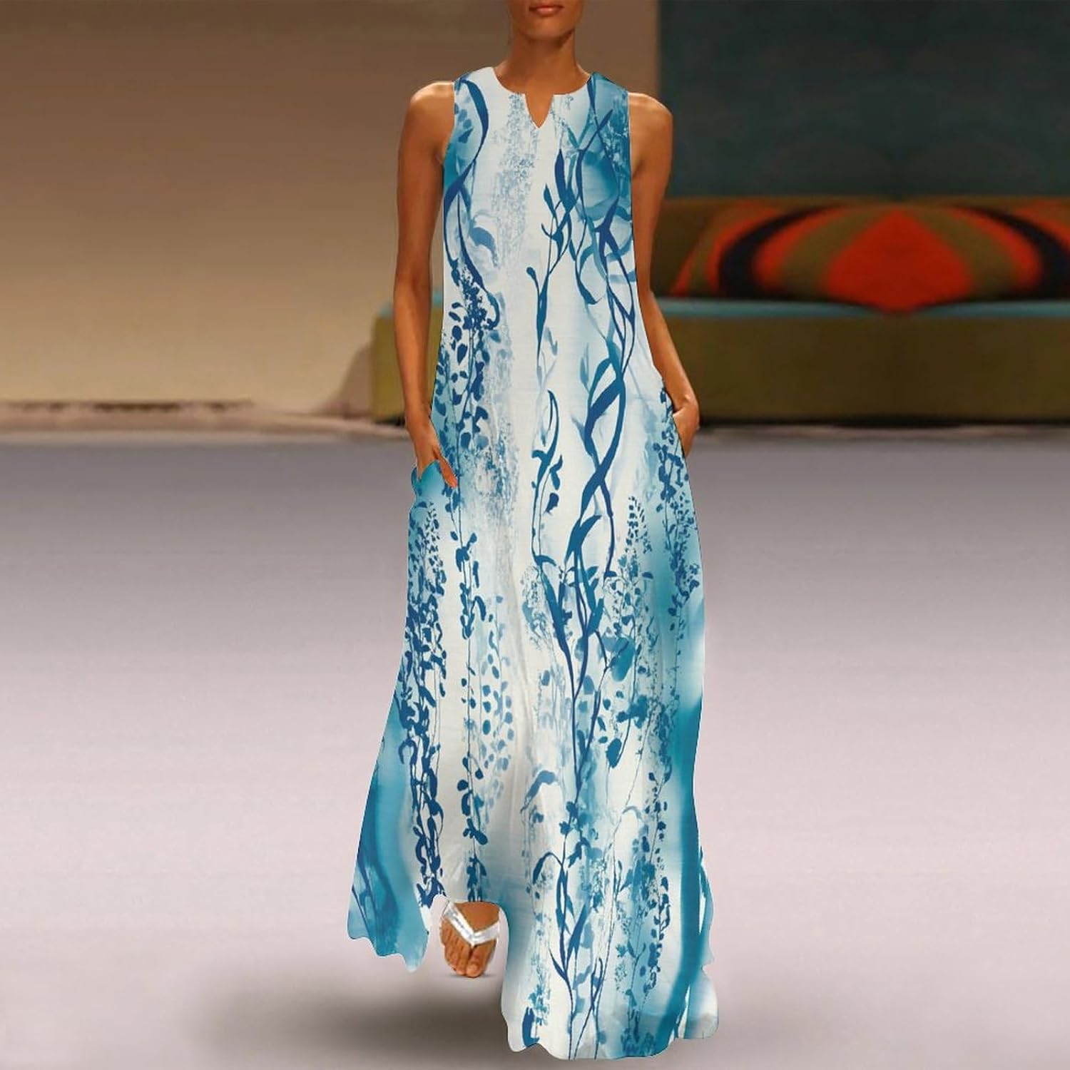 Women's Sleeveless Boho Floral Maxi Dress 2025 Elegant Dresses Soft Lightweight Casual V Neck Sundress Beachwear