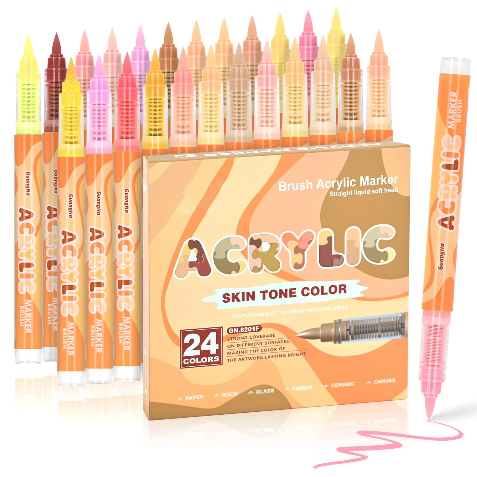 Skin Tones Art Markers, 24 Color Soft Brush Tip Acrylic Paint Pens, Quick-Drying and Waterproof, Ideal for Illustration, Sketching, and Painting on Wood, Glass, Fabric, and Rocks