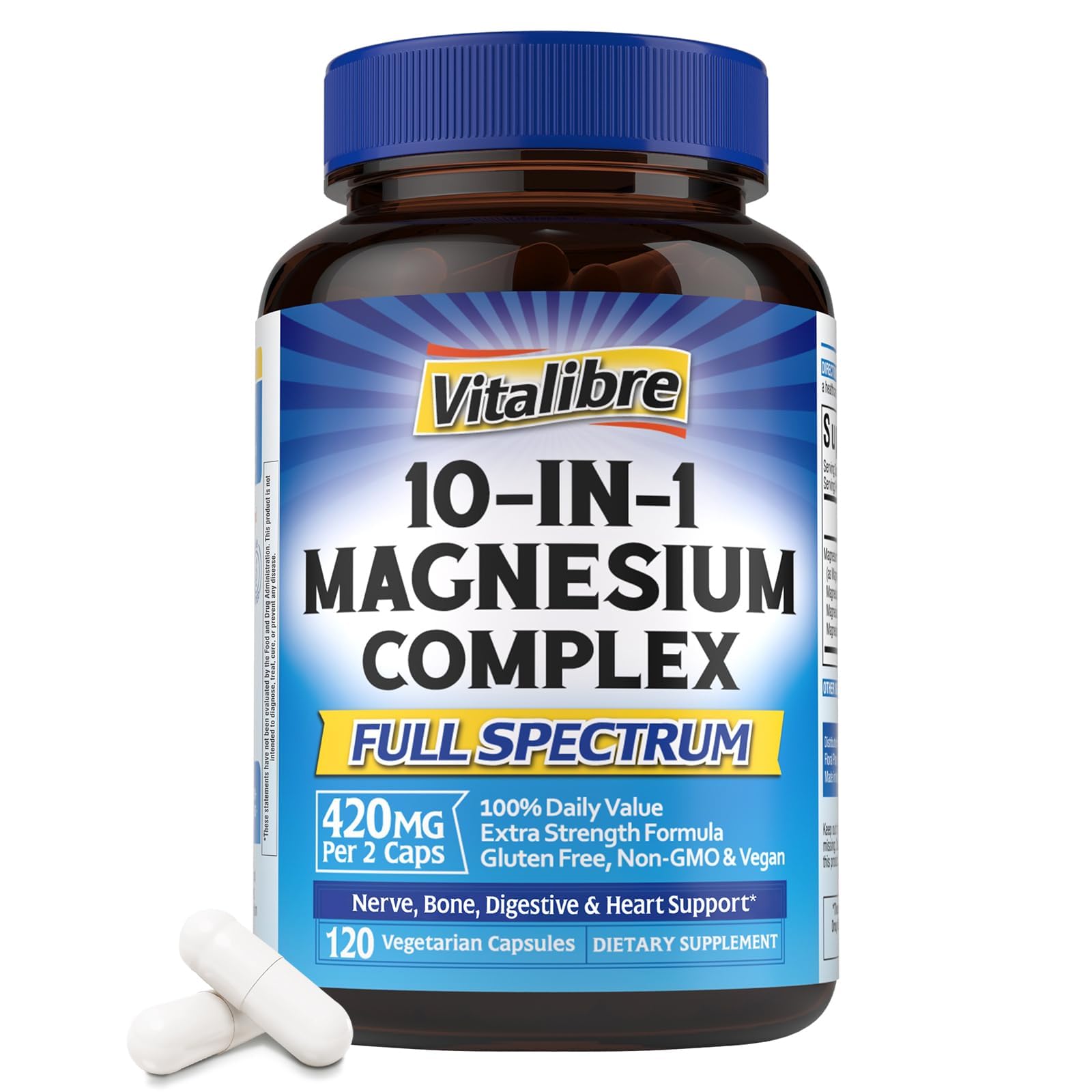 10 in 1 Magnesium Complex, 420mg Elemental Magnesium | Ultra Strength, Max Absorption | Chelated Magnesium Supplement for Sleep, Nerves & Heart Health | Non-GMO, 120 Vegan Capsules