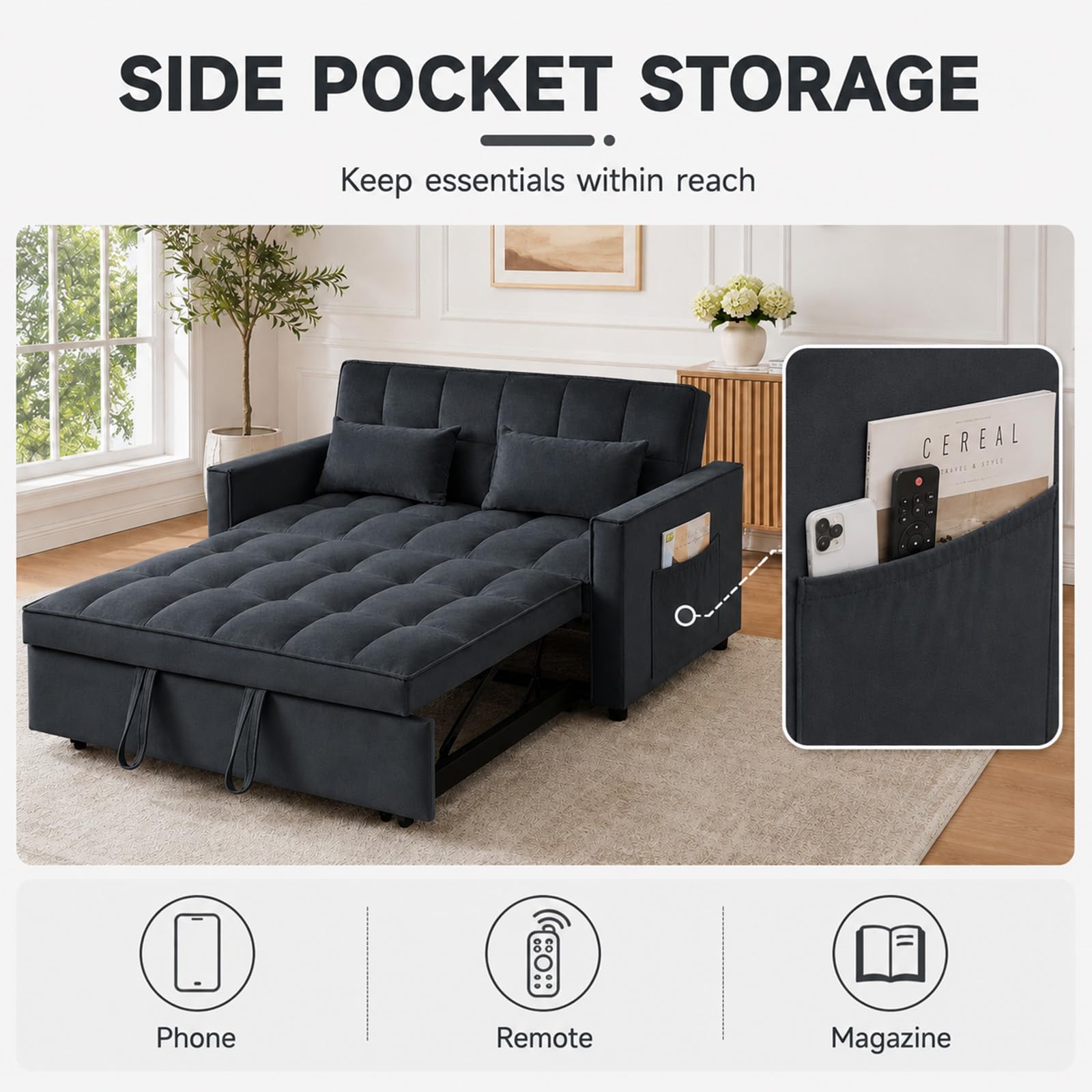 3 in 1 Pull Out Couch Bed, Convertible Futon Sofa Bed, Velvet Sleeper Loveseat for Small Living Room, Adjustable Backrest, Comfy Pillows, Side Pocket (Black)
