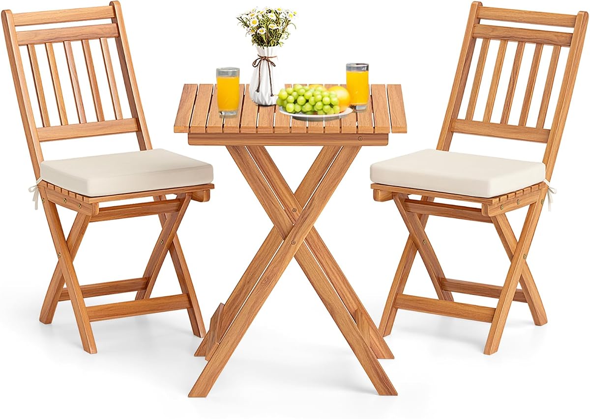KOTEK Outdoor Folding Bistro Set, 3 Pieces Acacia Wood Bistro Set with Soft Cushions, Patio Bistro Table and Chairs for Backyard, Porch, Poolside (Vertical Slats)