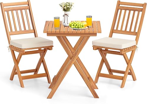 KOTEK Outdoor Folding Bistro Set, 3 Pieces Acacia Wood Bistro Set with Soft Cushions, Patio Bistro Table and Chairs for Backyard, Porch, Poolside Vertical Slats