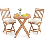 KOTEK Outdoor Folding Bistro Set, 3 Pieces Acacia Wood Bistro Set with Soft Cushions, Patio Bistro Table and Chairs for Backyard, Porch, Poolside (Vertical Slats)