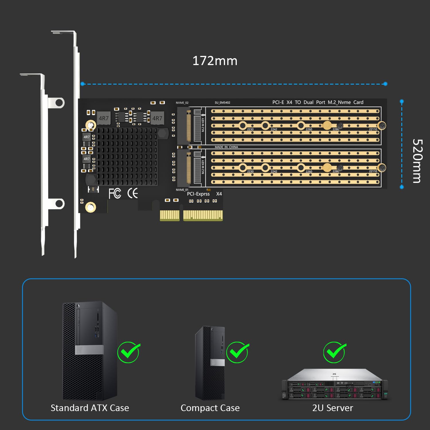 GLOTRENDS PA20 Dual Adattatore M.2 NVMe a PCIe 3.0 X4 con biforcazione PCIe, configurazione RAID M.2 NVMe tramite OS Tool (supporta dimensioni 22110/2280)