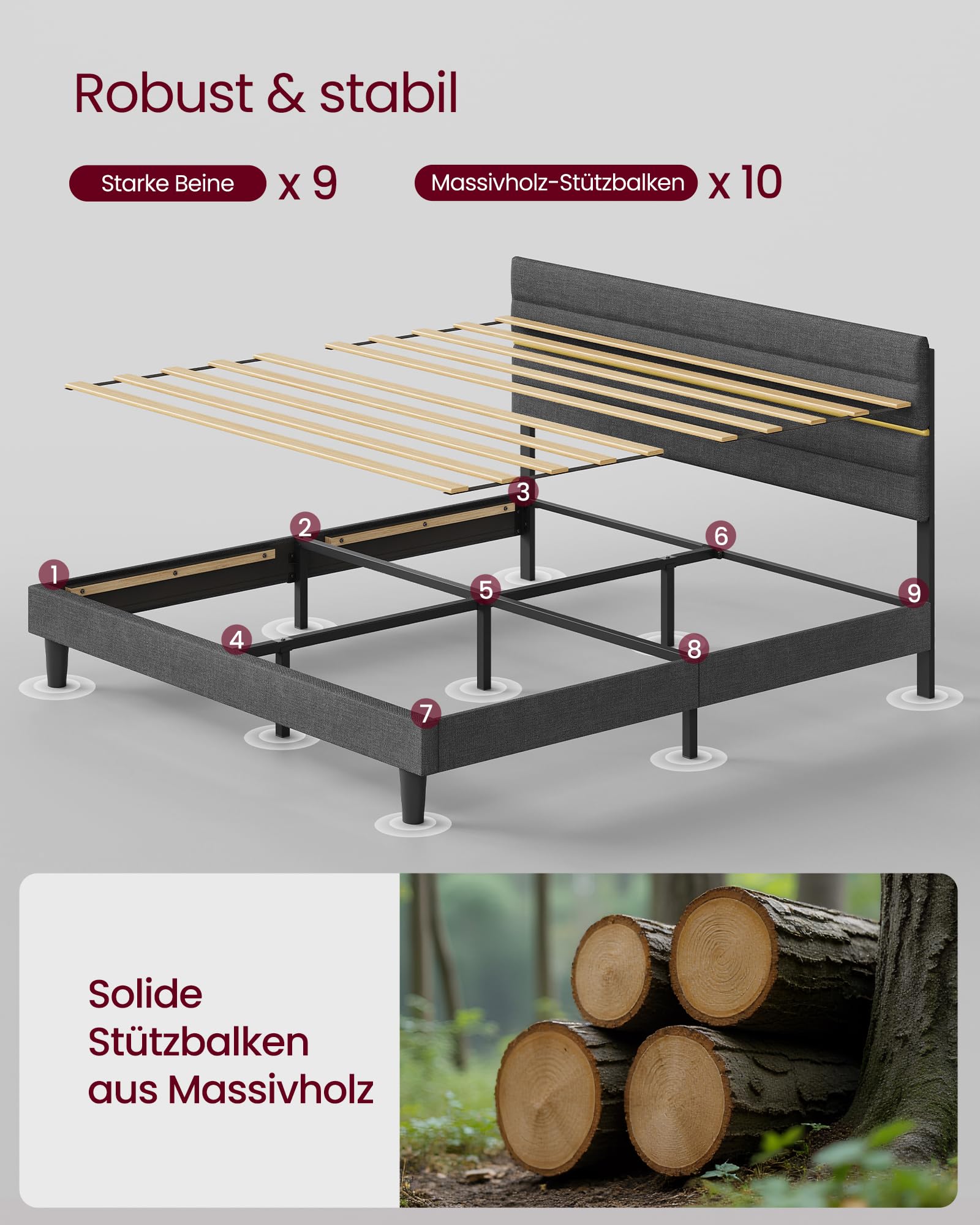 VASAGLE Polsterbett, Bettgestell, Doppelbettgestell, passend für 180 x 200 cm Matratze, verstellbares gepolstertes Kopfteil, Bettrahmen, Metall, Massivholz, modern, schiefergrau RMB508G01