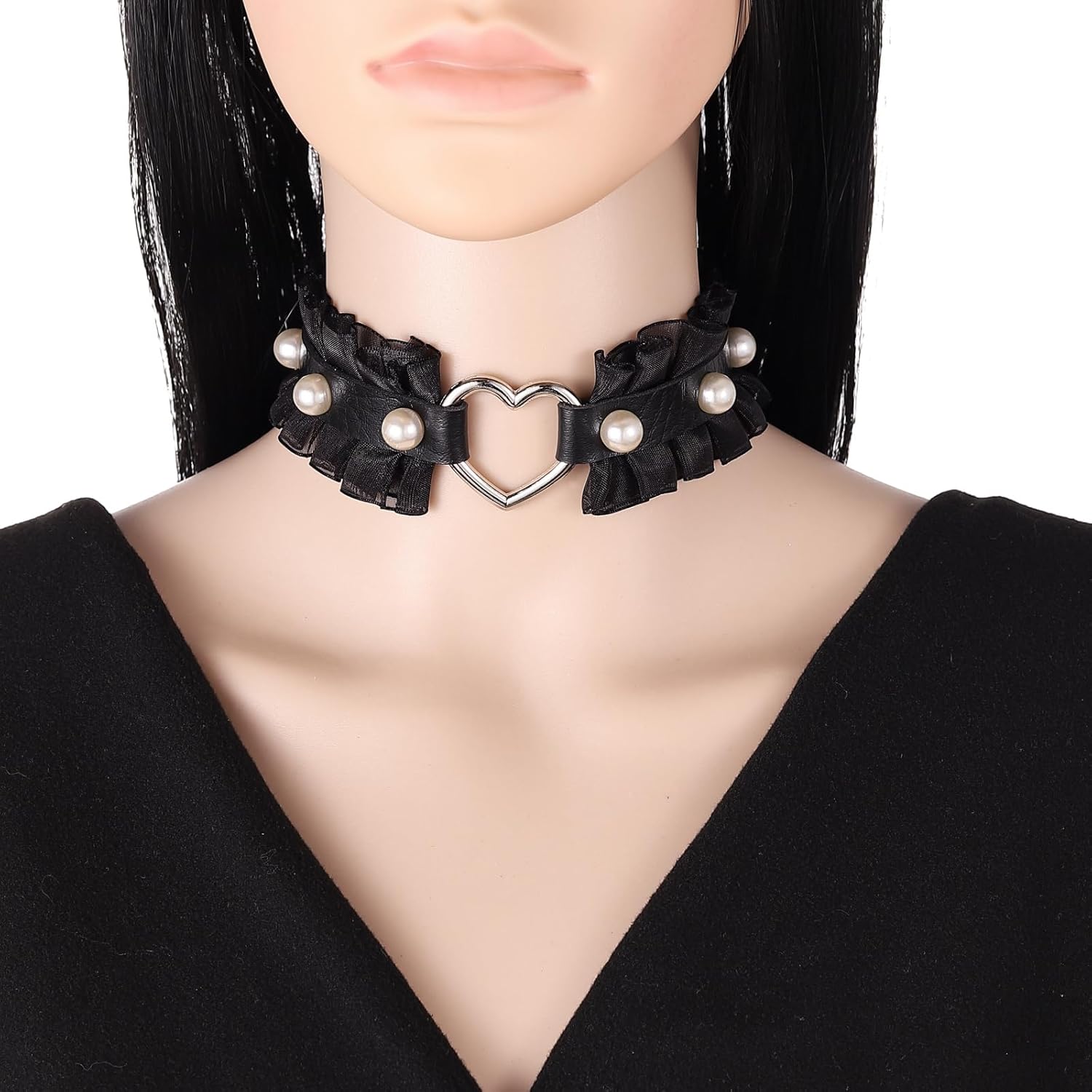 FM FM42 Multicolor PU Simulated Leather Pearl Rivets Heart Ring Lace Collar Choker Necklace - Image 5