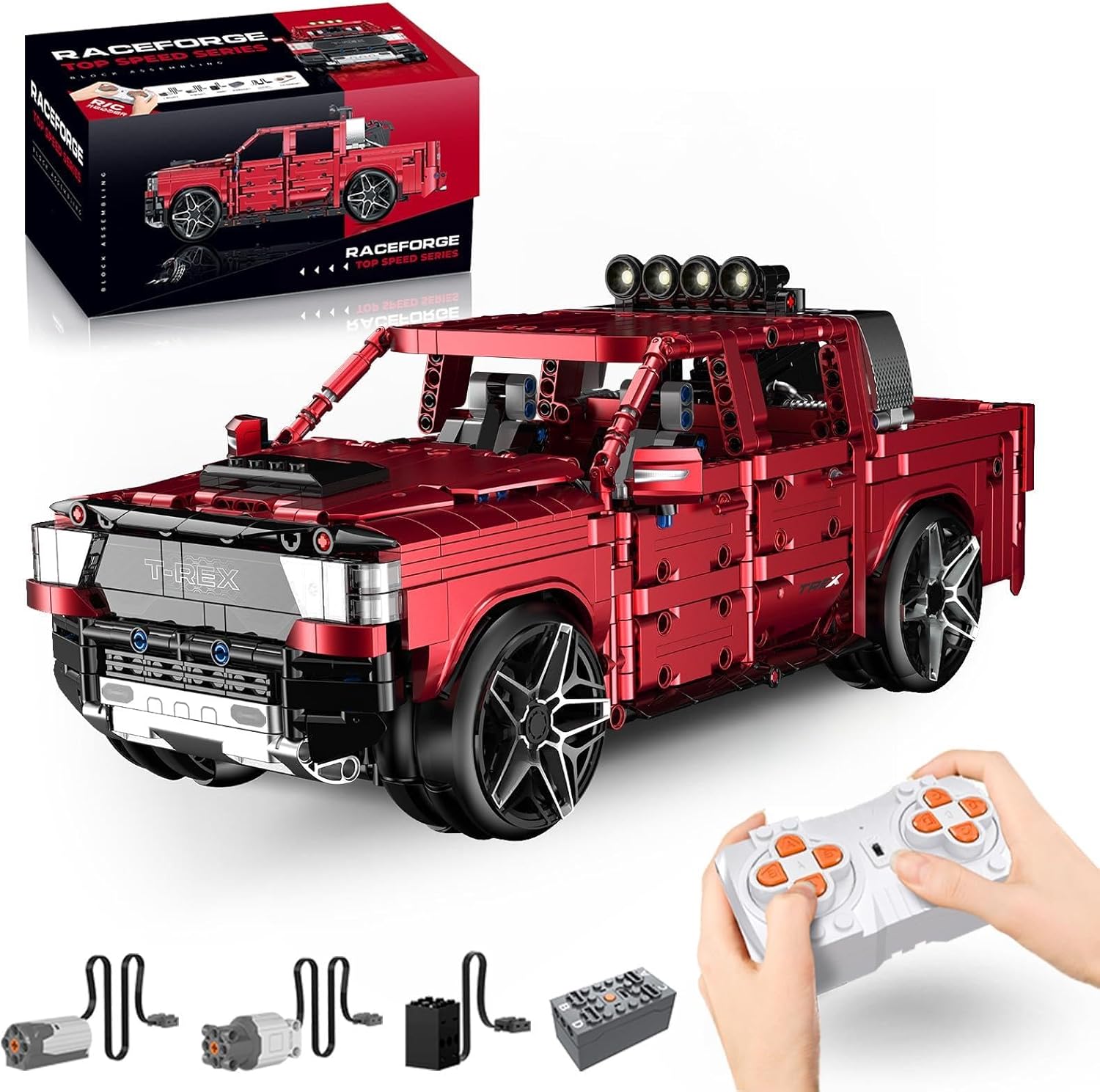 Remote Control Building Kit, Off-Road T-Rexs Truck Model, Red, 1349 Pieces, Adult Collectible Display Set, 18x12x6.5 Inches,14+