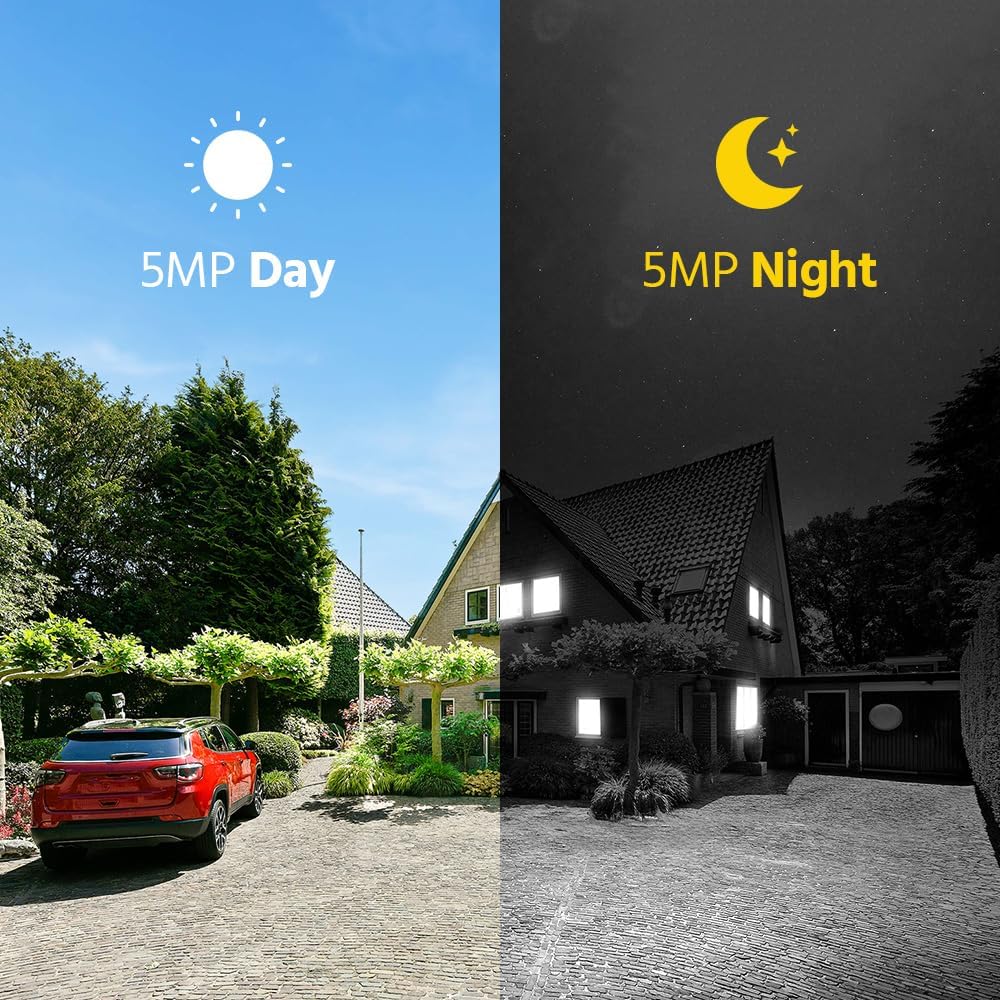 A split image showing a house and driveway in daylight on the left, labeled '5MP Day', and the same scene at night on the right, labeled '5MP Night', demonstrating the camera's day and night vision capabilities.