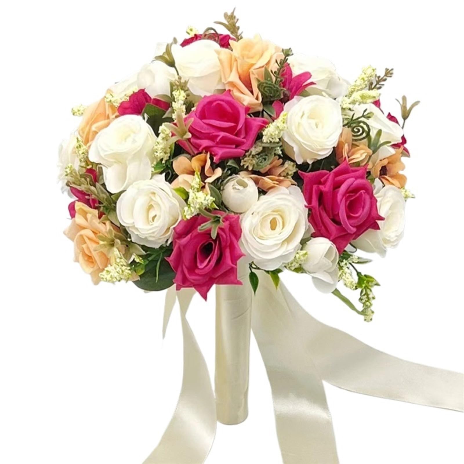 ZGCrumphant Artificial Wedding Bouquet Holding Flowers Artificial Rose Wedding Bouquet with Silk Satin Ribbon Pink White Bridesmaid Bridal Party(D)