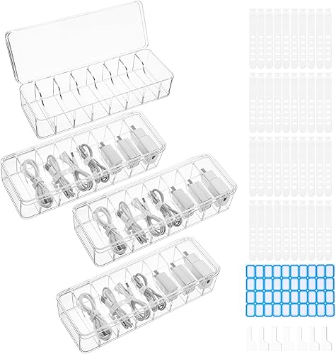 Paquete de 4 organizadores de almacenamiento de cables con 40 lazos de silicona y 40 calcomanías, cajas transparentes para organizar cables,