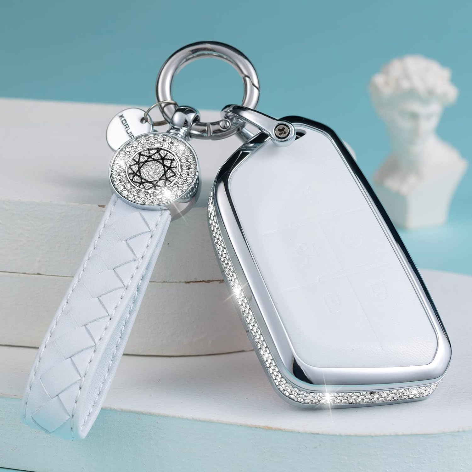 for 2021 Cadillac Escalade Key Fob Cover with Keychain, Genuine Leather Crystal Key Case Protector Compatible with Cadillac CT5, CT6, CTS, XT6 Remote Start, White