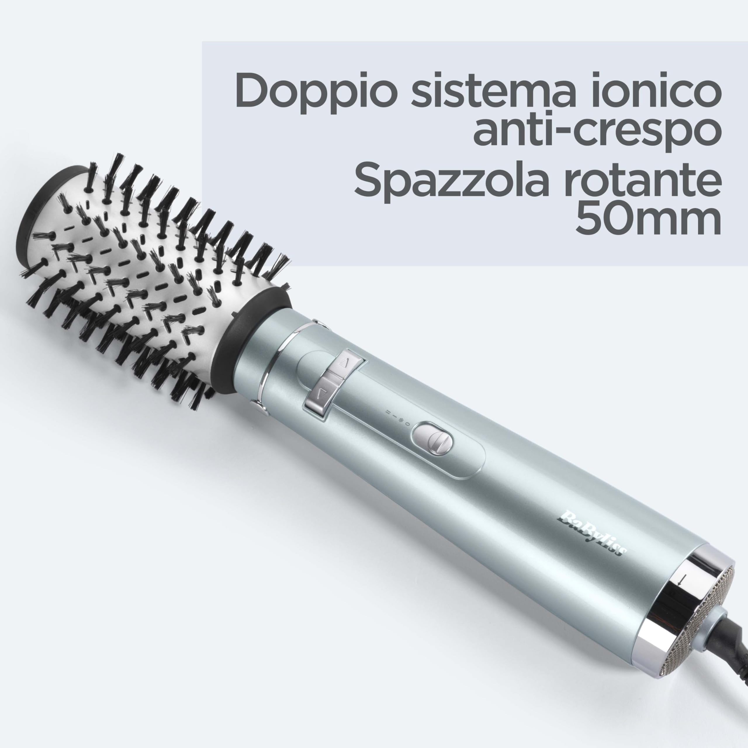 BaByliss Hydro Fusion Spazzola Rotante ad Aria Calda, Cilindro in Ceramica da 50 mm, Tecnologia Ionica Anti-Crespo, Styling Multidirezionale, 2 Temperature, Aria Fredda, AS773E