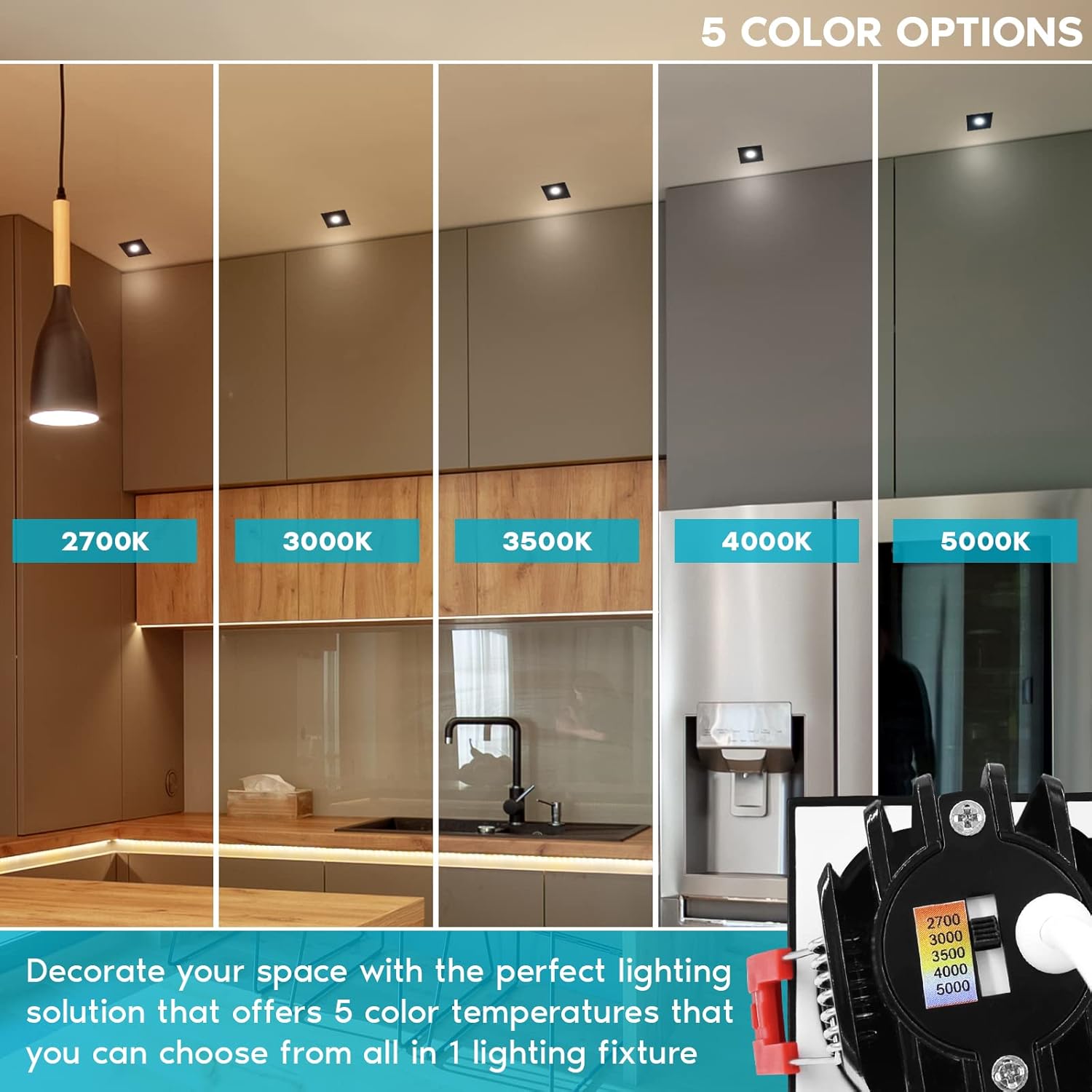 LUXRITE 1 Inch Square LED Recessed Lighting with Junction Box, 7W, 5 Color Selectable 2700K-5000K, CRI 90, 500 Lumens, 30° Spotlight, Small Dimmable Downlight, Wet Rated, IC Rated - Black