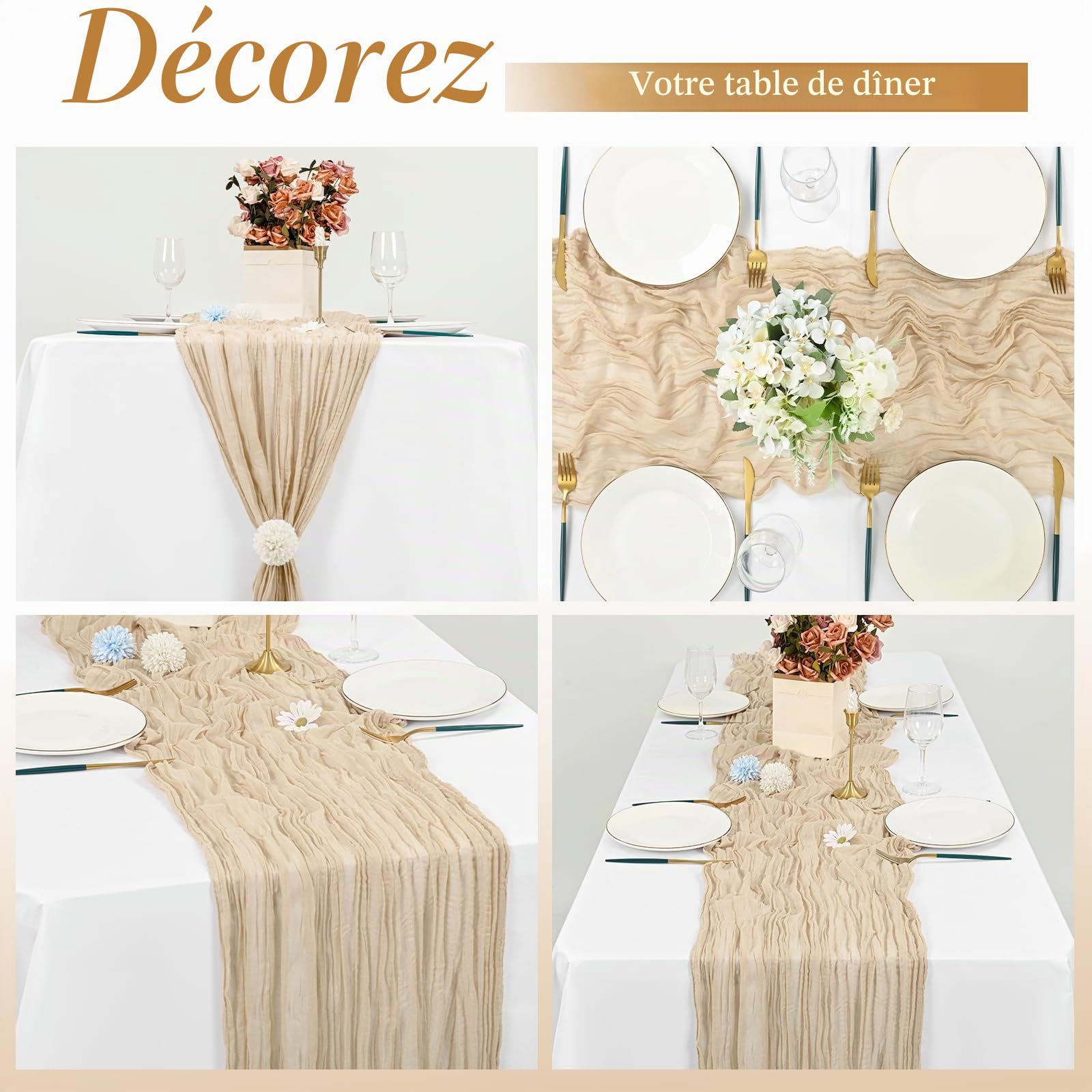 Lot de 12 Chemins de Table en étamine Chemin de Table Bohème en Gaze de 55 x 300 cm, Chemin de Table Rustique et Romantique pour fête de Mariage Thanksgiving décoration de Noël (Beige)
