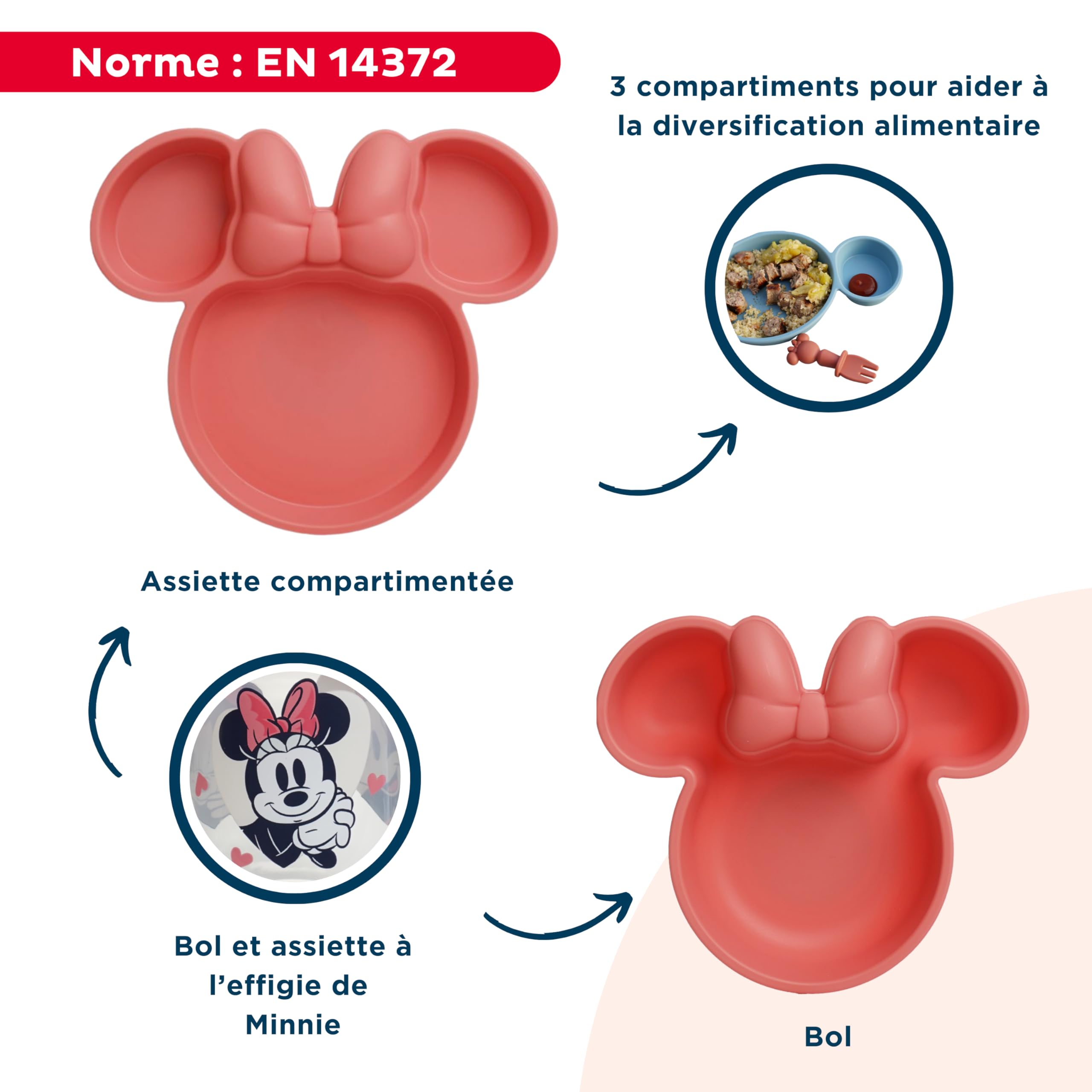 Disney Minnie Kindergeschirr-Set – unterteilter Teller – Schüssel – Löffel – Gabel und Tasse 360° – lustiges und praktisches Design für Babymahlzeiten