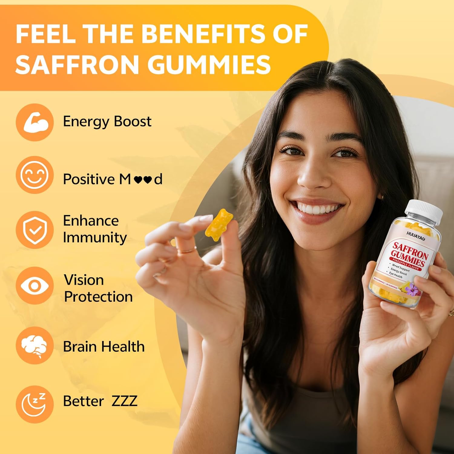 10-IN-1 Saffron Gummies, Sugar Free Saffron Supplements with Ashwagandha, L-Theanine, Rhodiola Rosea, Vitamin D3, B6, Magnesium & Zinc for Mood, Energy, Focus Support, Pineapple Flavor, 60 Count - Image 3