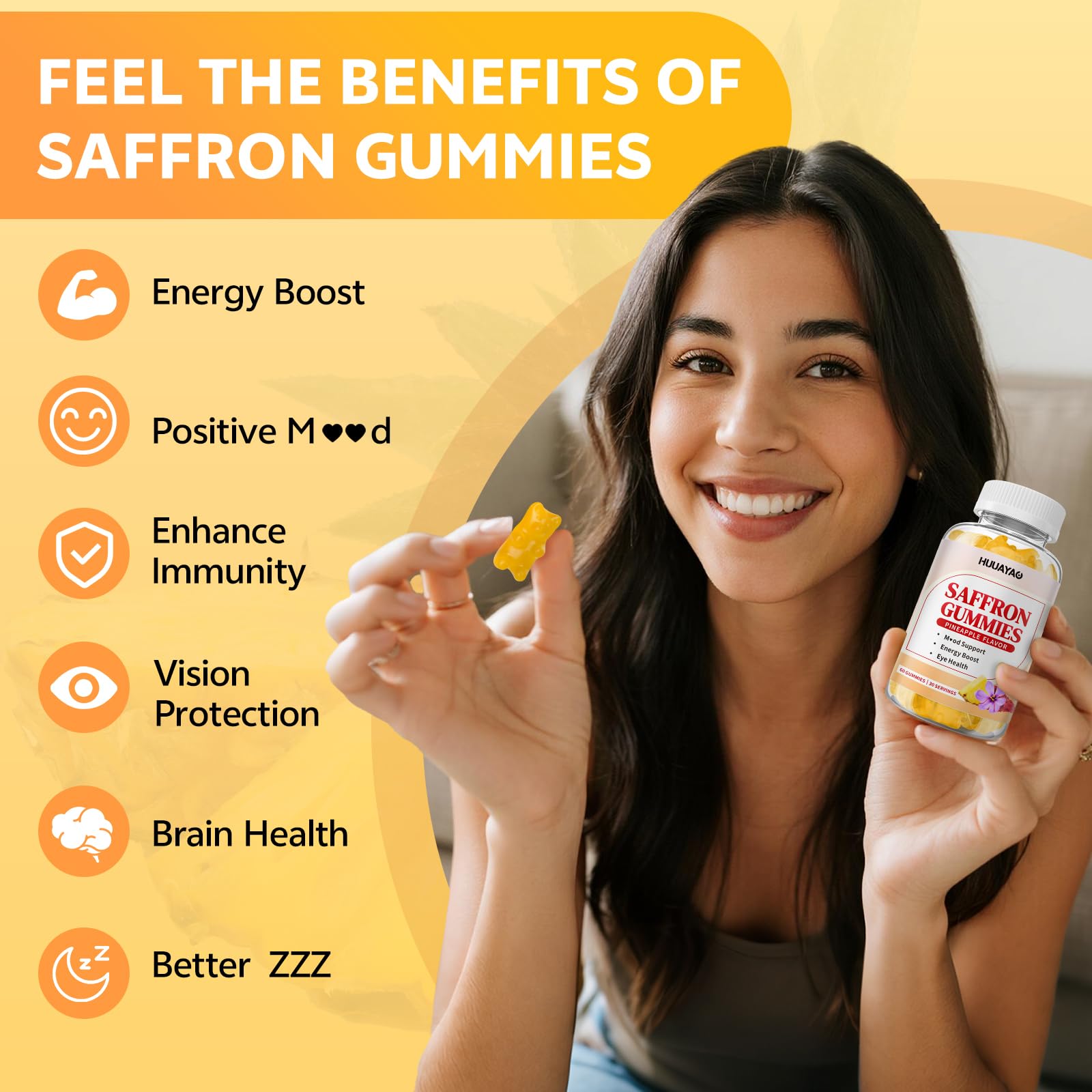 10-IN-1 Saffron Gummies, Sugar Free Saffron Supplements with Ashwagandha, L-Theanine, Rhodiola Rosea, Vitamin D3, B6, Magnesium & Zinc for Mood, Energy, Focus Support, Pineapple Flavor, 60 Count — Amazon image 3