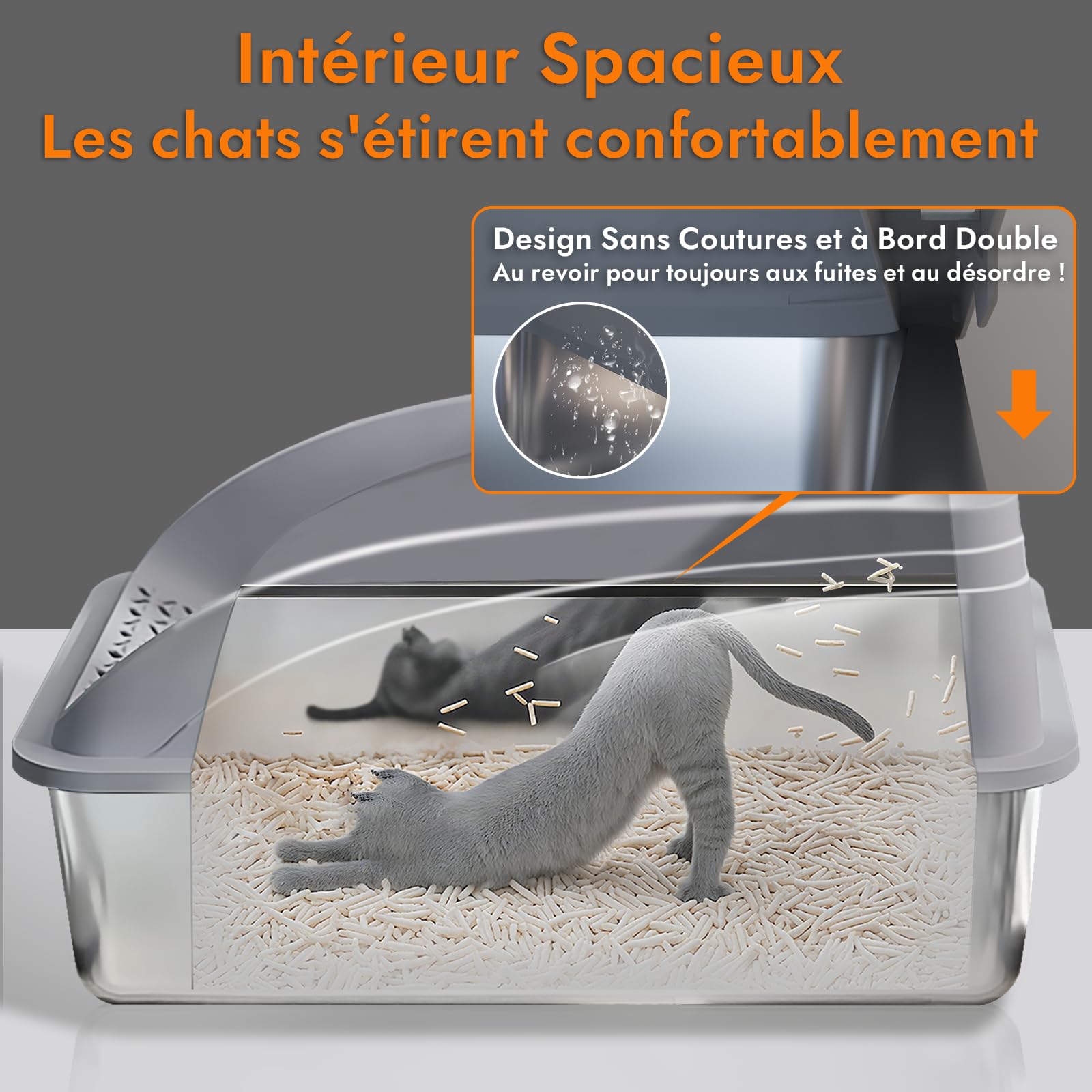 Bac à litière en Acier Inoxydable, Grand bac à litière en Acier Inoxydable avec Pelle, Facile à Nettoyer (Gris)