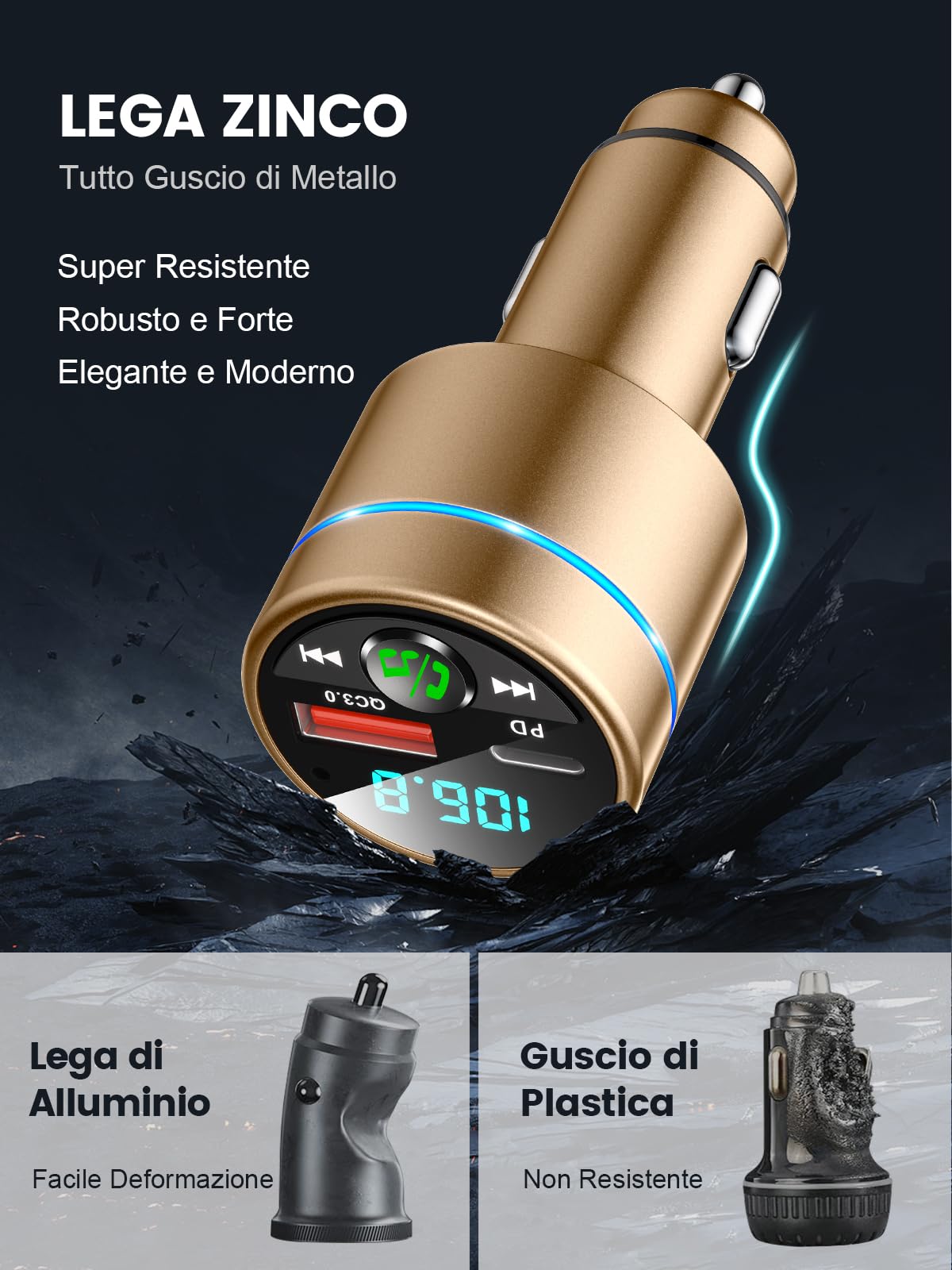 Mohard Trasmettitore FM Bluetooth 5.3 Auto, Ricarica Rapida PD 30W & QC3.0 18W Adattatore Bluetooth Accendisigari per Auto Interamente Metallo, Amplificatori Segnale Cellulari Car Musica Hi-Fi