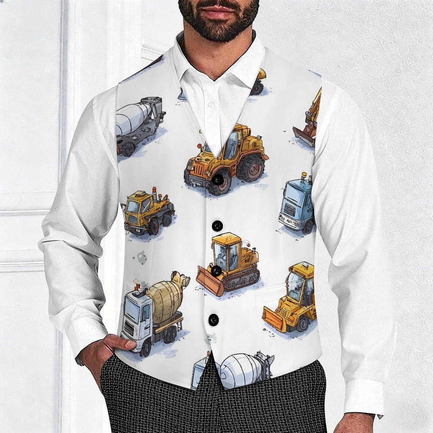 Excavator Tractor Machinery Trucks Print Men's Suit Vest Formal Vests Casual Dress Fit Waistcoat Casual Tuxedo for Business