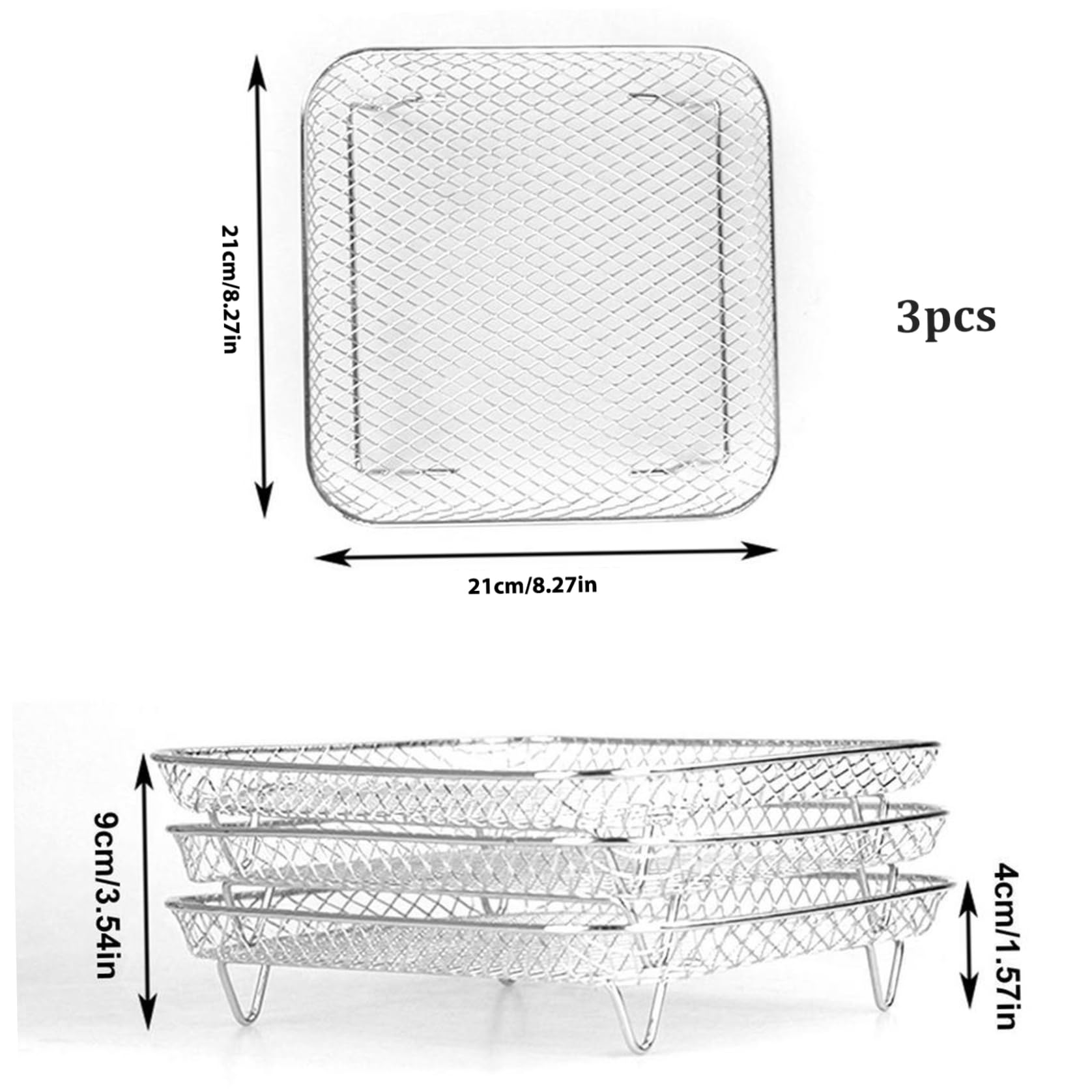 Griglia per friggitrice ad aria, 3 pezzi, impilabile, a torre quadrata, da 20 cm, in acciaio inox, accessori per friggitrice ad aria, accessori per barbecue, forno, friggitrice ad aria da 8 Qt,