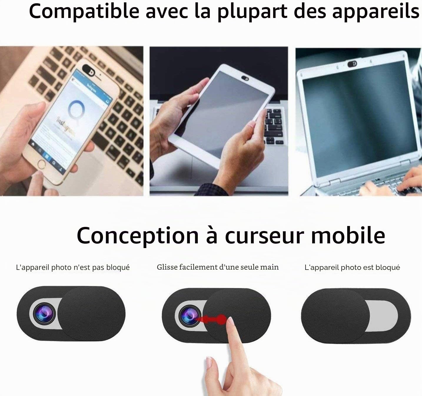 ivoler Pack de 3 Cache Webcam, Webcam Cover Autocollant Coulissant Couverture de Caméra Frontale Ultrafin pour Laptop, PC,Smartphones, Tablettes,Noteboook Pro, etc. - Noir